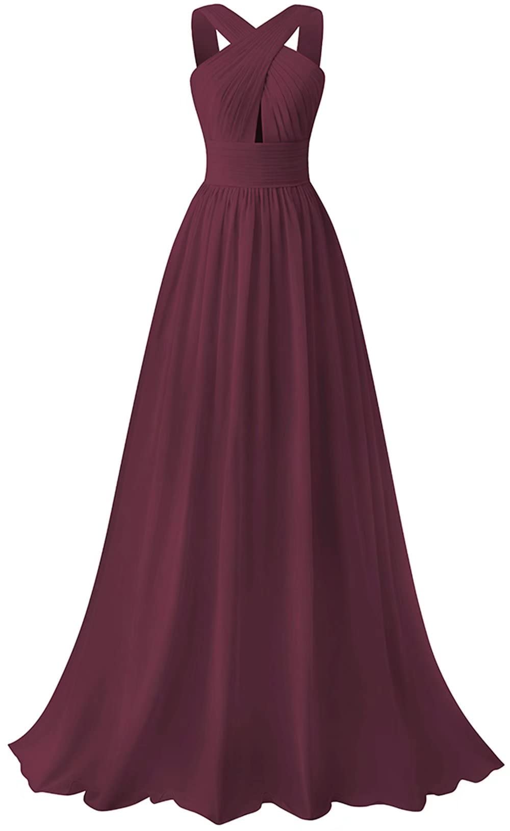 Elegant SMORBRID Crisscross Neck Long Chiffon Pleated Bridesmaid Dress - Formal Prom Gown for Wedding Party, Evening Banquet & Special Occasions