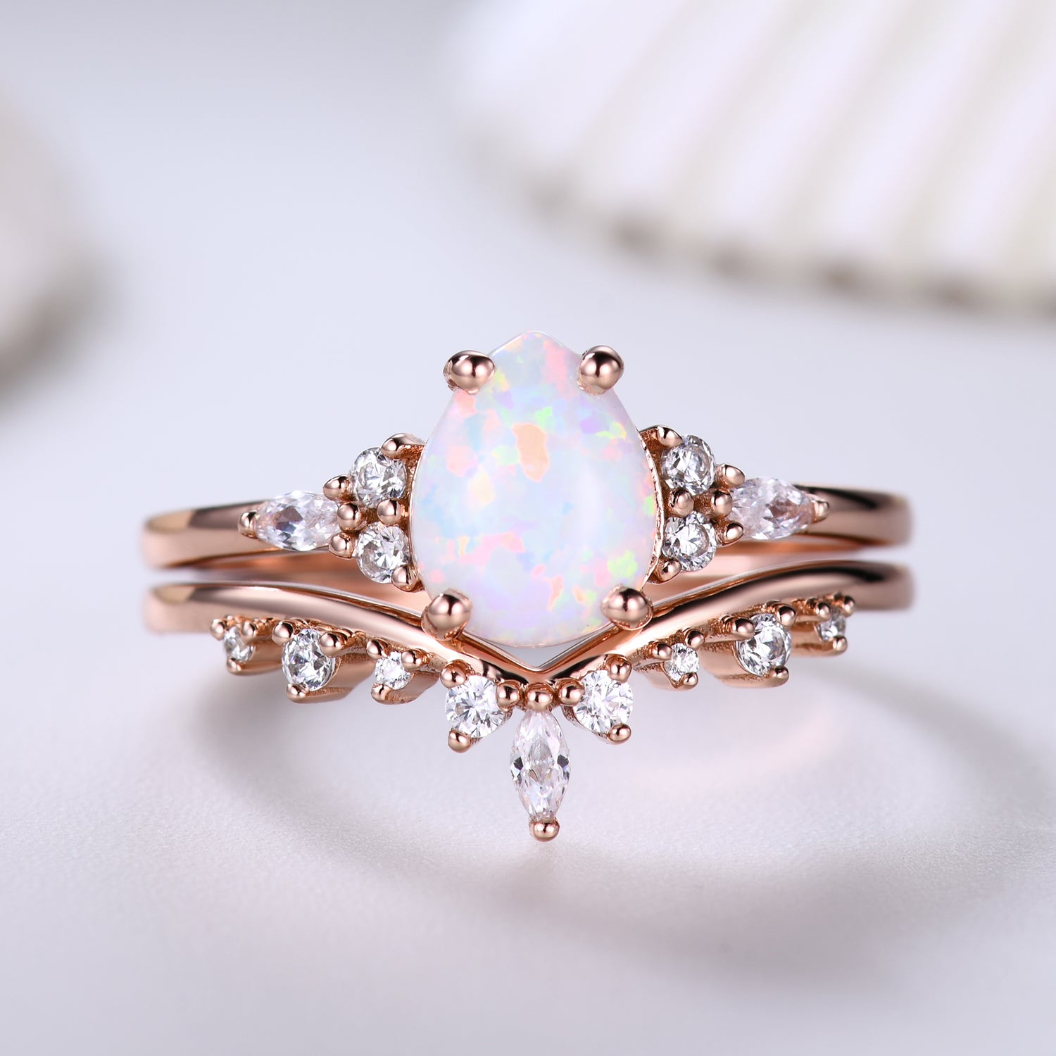 Pear Shaped Opal Bridal Ring Set with Moissanite Wedding Band - Chevron Crown Design for Engagement, Wedding & Anniversary Jewelry Gift