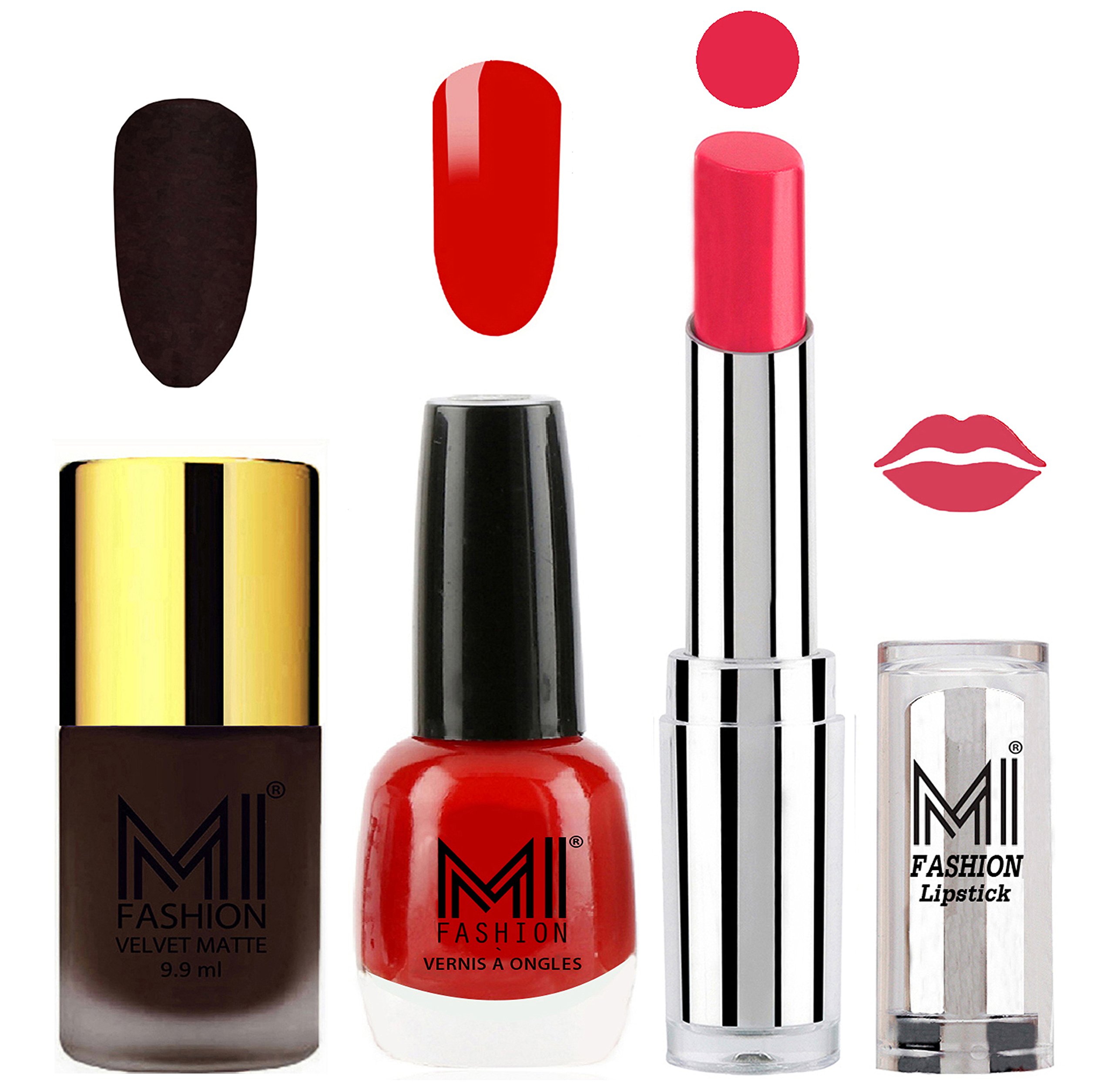 MI Fashion Matte Dark Brown Nail Polish, Vampire Red Shine Nail Polish & Magenta Lipstick Set | 3-Piece Makeup Combo for Party, Date Night & Special Occasions