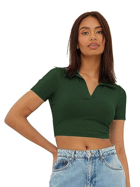 R LON Women's Ribbed Polo Collar Half Sleeve T-Shirt - Small, Green | Casual Summer Outfit & Golf Wear