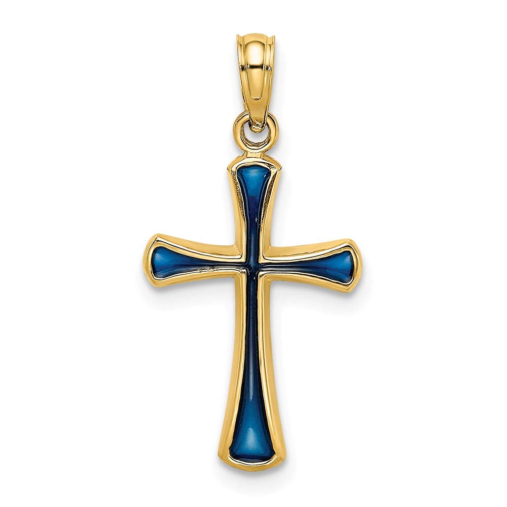 14K Yellow Gold Blue Stained Glass Tapered Cross Pendant Necklace - Elegant Religious Jewelry for Women, Perfect for Church, Weddings & Special Occasions