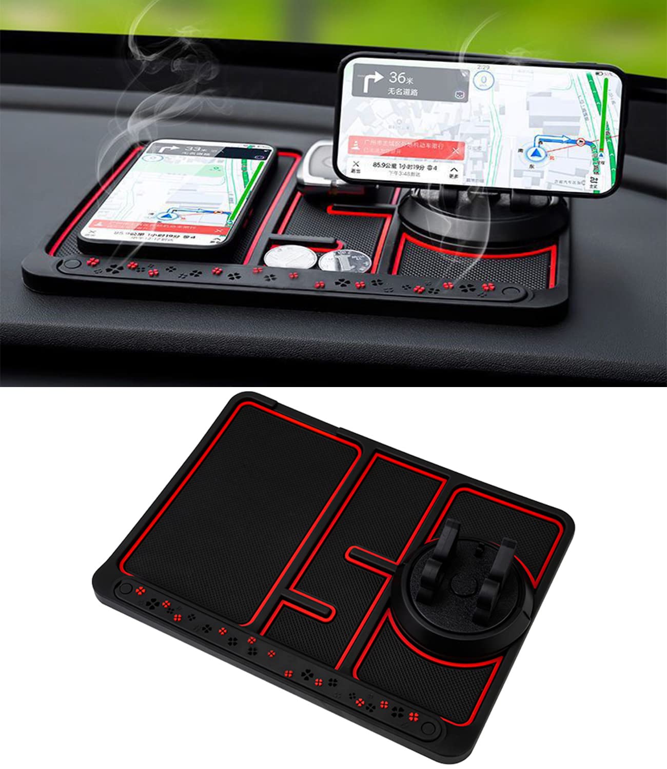 4-in-1 Non-Slip Car Phone Pad with Glow-in-the-Dark Dashboard Mat, Parking Card Holder & Aromatherapy - Universal 360° Rotating Anti-Shake Phone Holder (Red) - Perfect for Safe Driving, Night Visibility & Car Organization