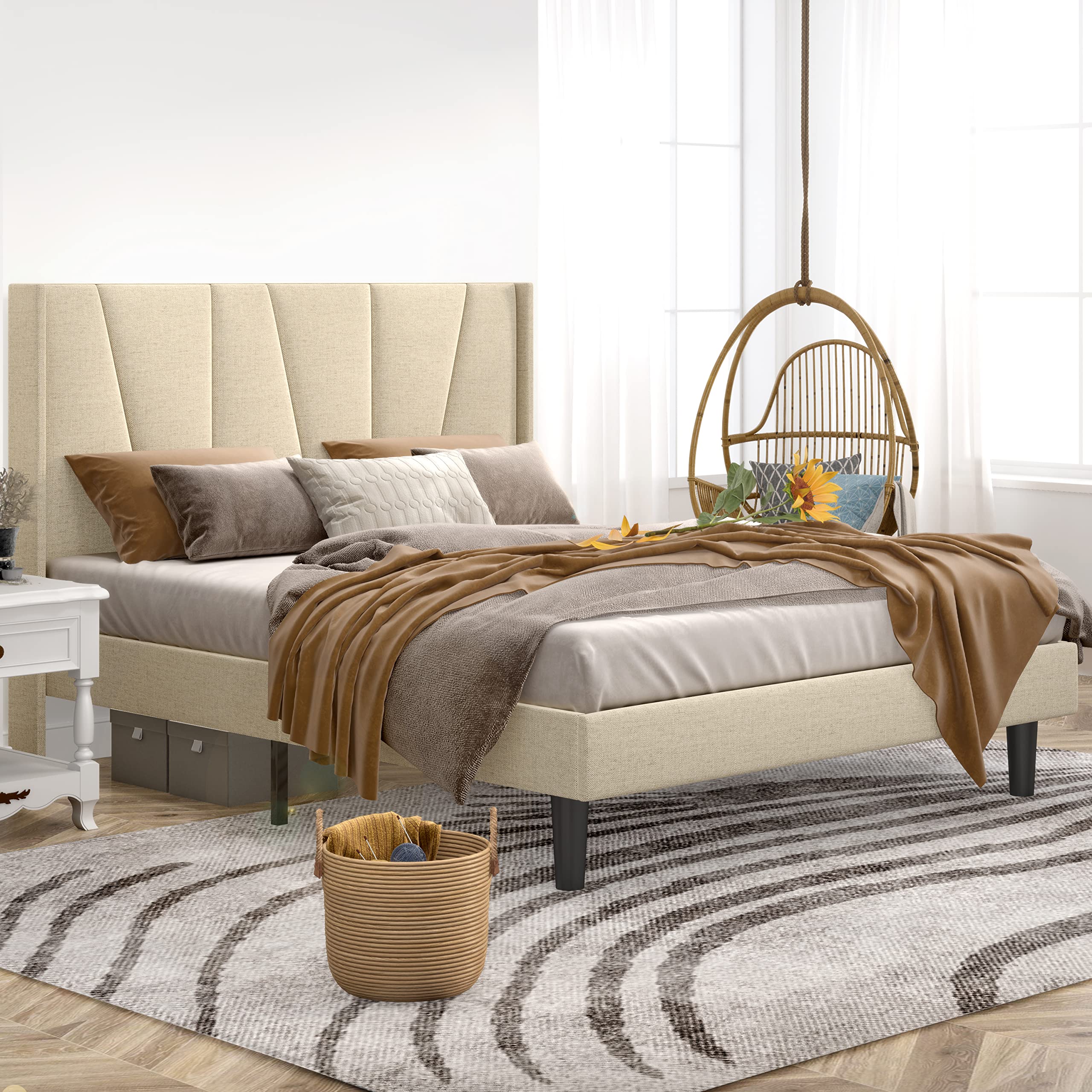 SHA CERLIN Full Bed Frame - Upholstered Platform Bed with Geometric Headboard & Wingback Design, Wood Slat Support (No Box Spring Needed), Beige - Perfect for Modern Bedrooms, Guest Rooms & Small Spaces