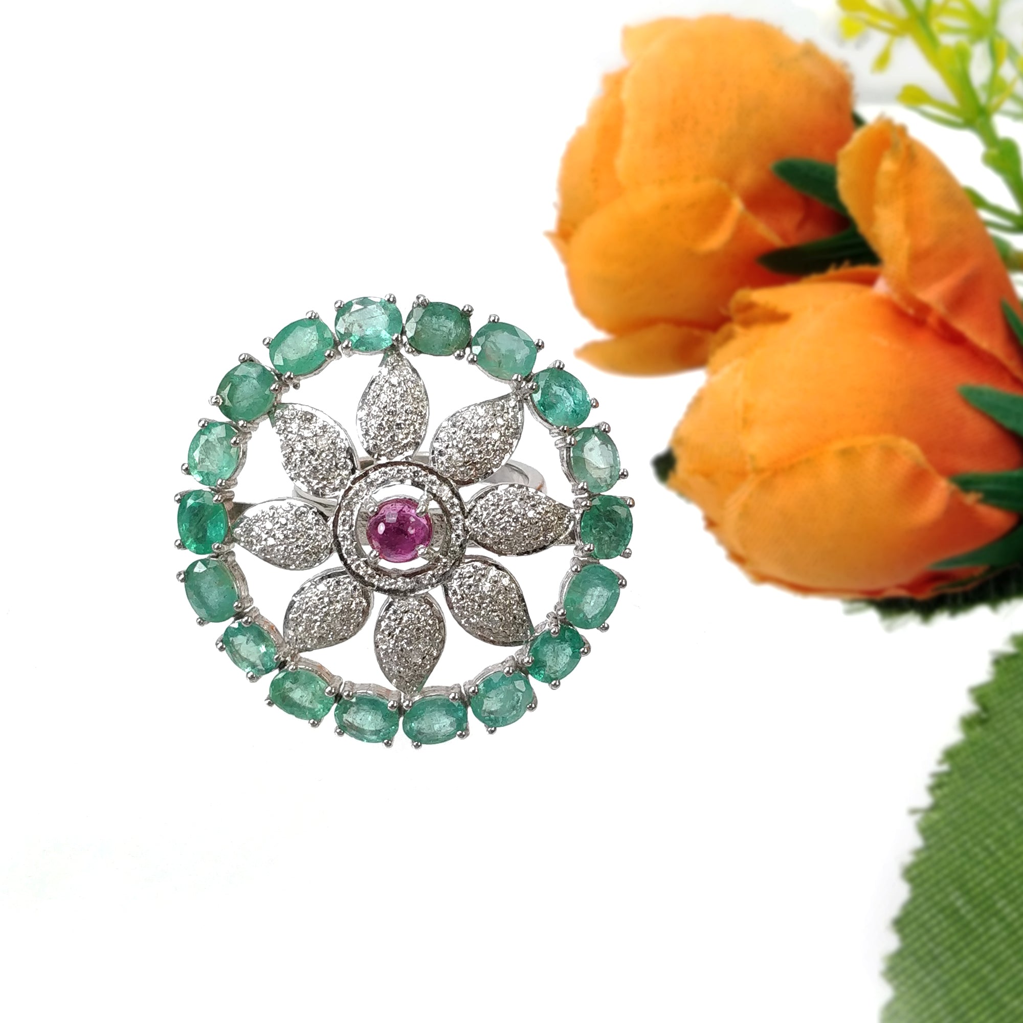 Natural Emerald & Pink Tourmaline Gemstone Jewelry Set with CZ - 925 Sterling Silver Round & Oval Earrings & Rings for Women | Wedding, Party, Anniversary Gift