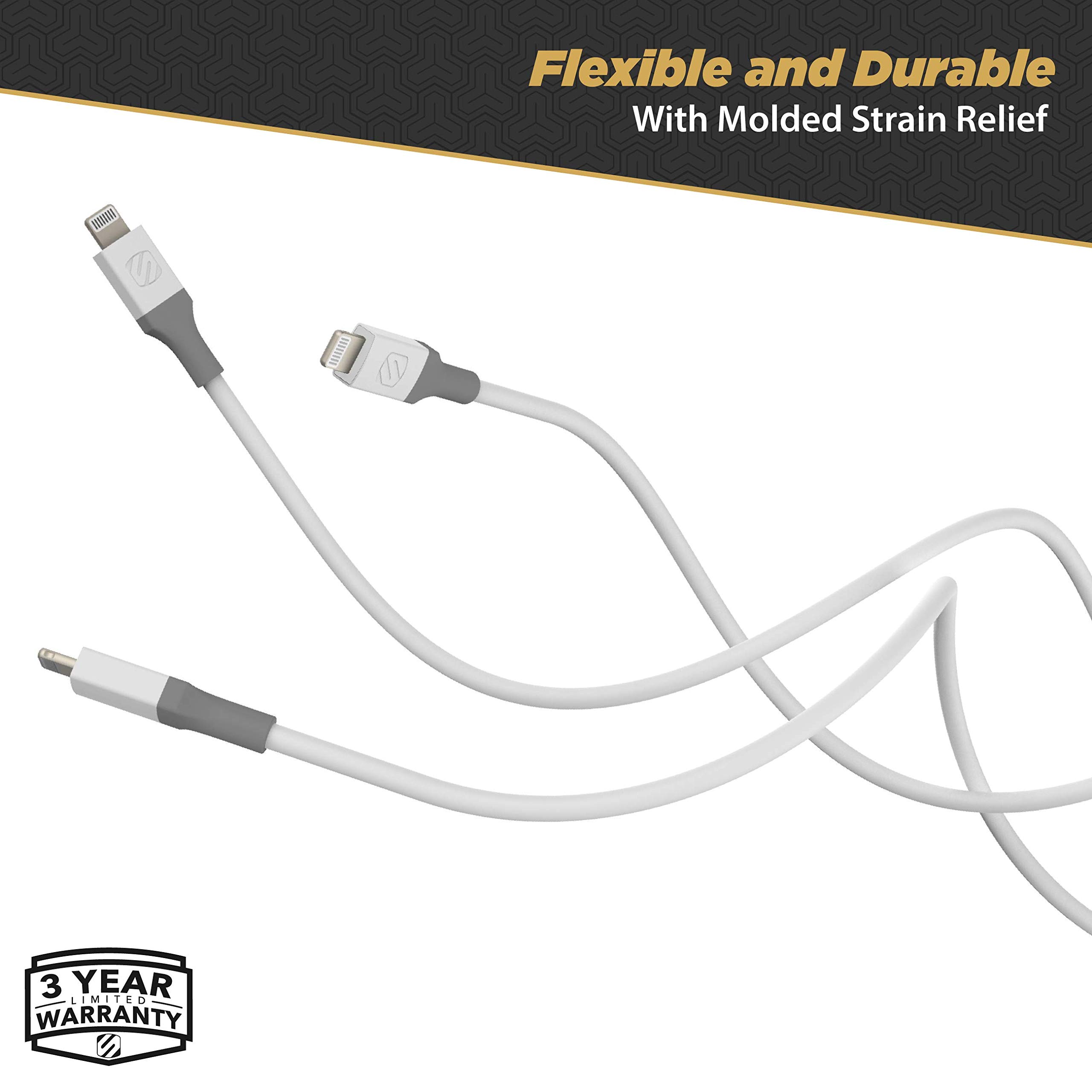 Scosche Ci44WG-SP Strikeline MFI Certified Lightning Charger & Sync Cable 4ft - Fast Charging Cable for iPhone 14/13/12/11/X/8 & More - Durable White/Gray Cable for Home, Office & Travel