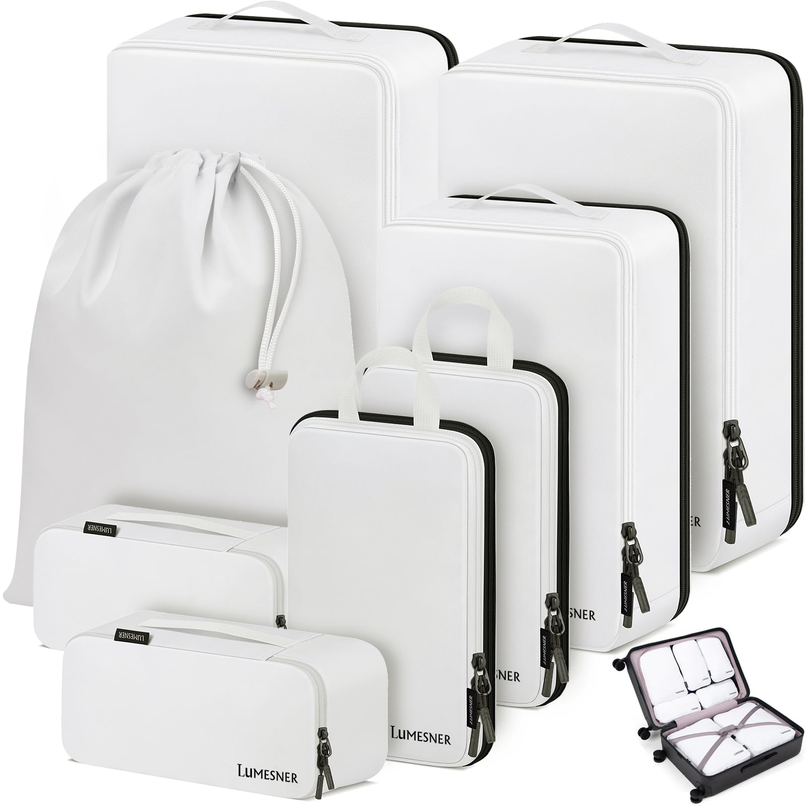 Lumesner 8-Piece Compression Packing Cubes Set for Travel - Space Saving Organizers for Carry-On Luggage & Suitcases (White) | Perfect for Business Trips, Vacations & Weekend Getaways