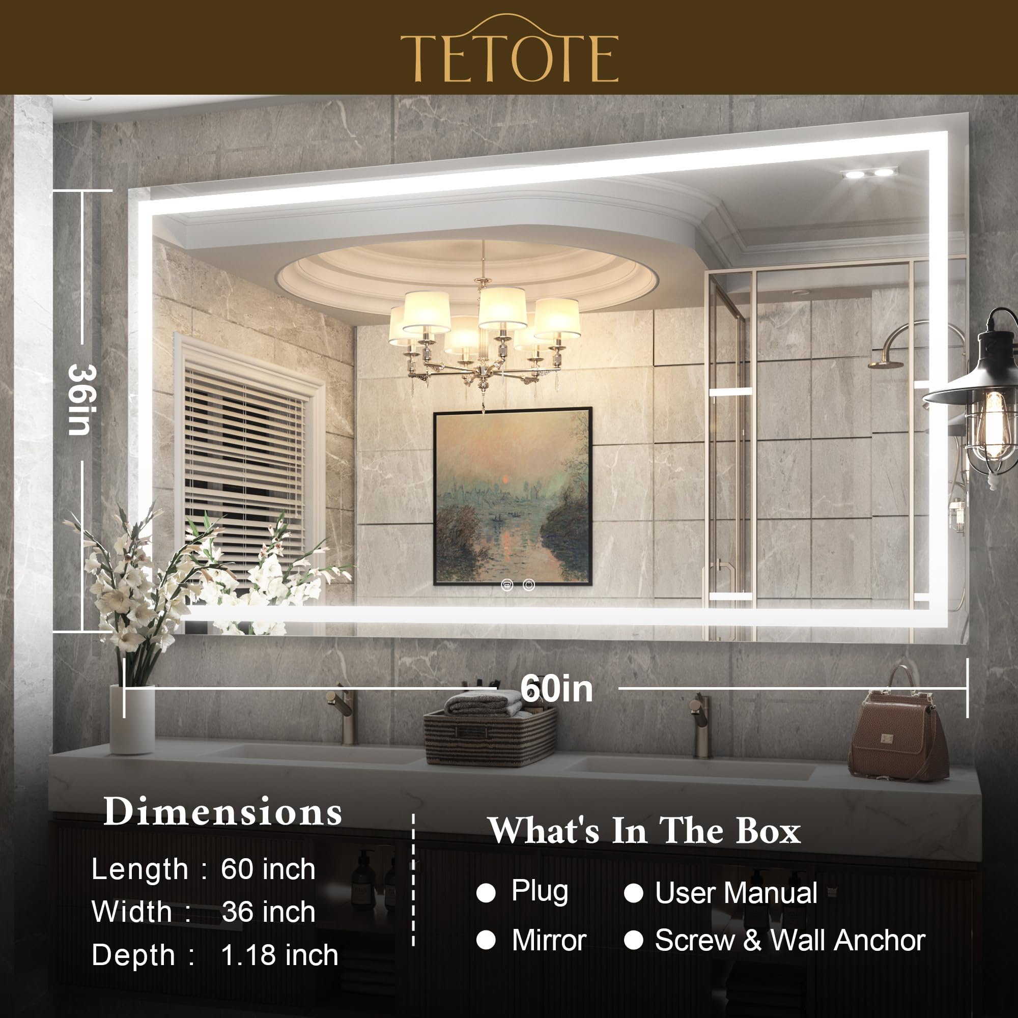 TETOTE 60 x 36 Inch LED Bathroom Mirror with Lights - Shatterproof Tempered Glass, Waterproof, Horizontal/Vertical Mounting for Modern Vanity & Makeup Area - Perfect for Bathrooms, Dressing Rooms & Salon Stations