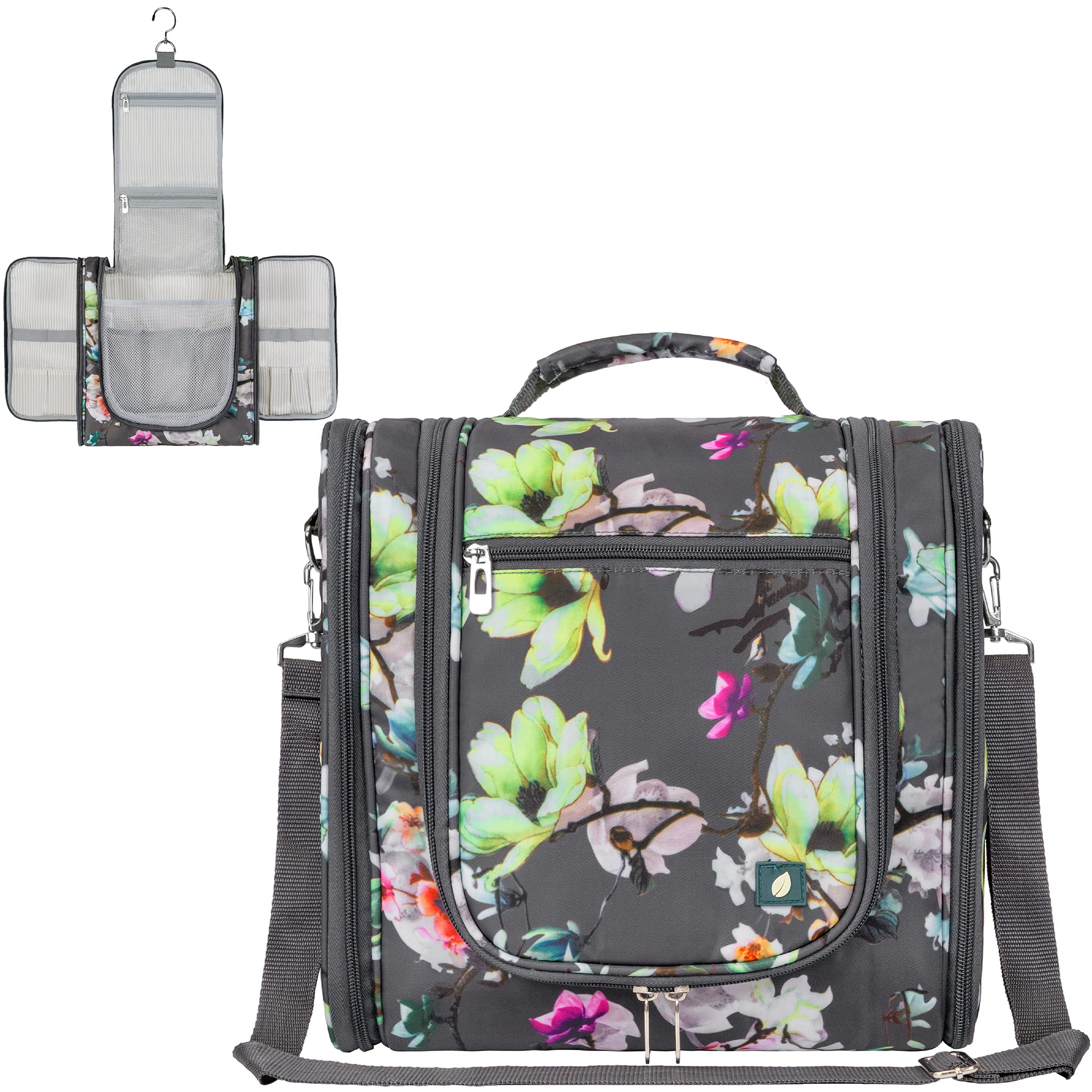 PAVILIA Large Hanging Toiletry Bag - Waterproof Travel Cosmetic Organizer for Women & Men, Floral Grey - Perfect for Travel Essentials & Accessories