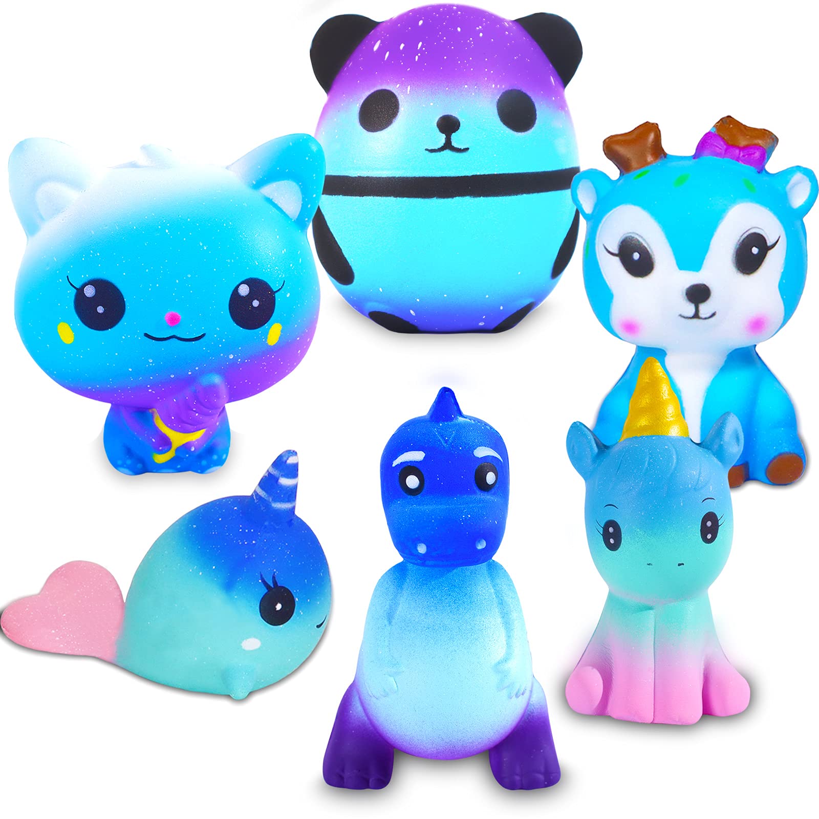 Slow Rising Galaxy Squishy Toys Set - 6 Pack Soft Kawaii Stress Relief Squishies (Cat, Panda, Unicorn, Dinosaur) for Kids & Adults | Fun Sensory Fidget Toys for Anxiety Relief, Classroom Rewards & Relaxation