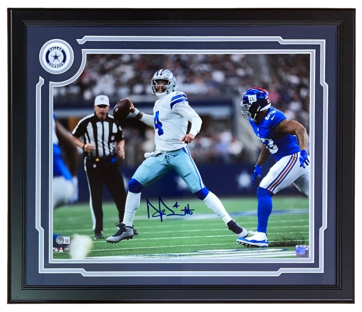 Dak Prescott Autographed Dallas Cowboys vs New York Giants Framed 16x20 Photo - Perfect for Sports Memorabilia Collectors & Cowboys Fans, Great Gift for Game Room or Office Decor