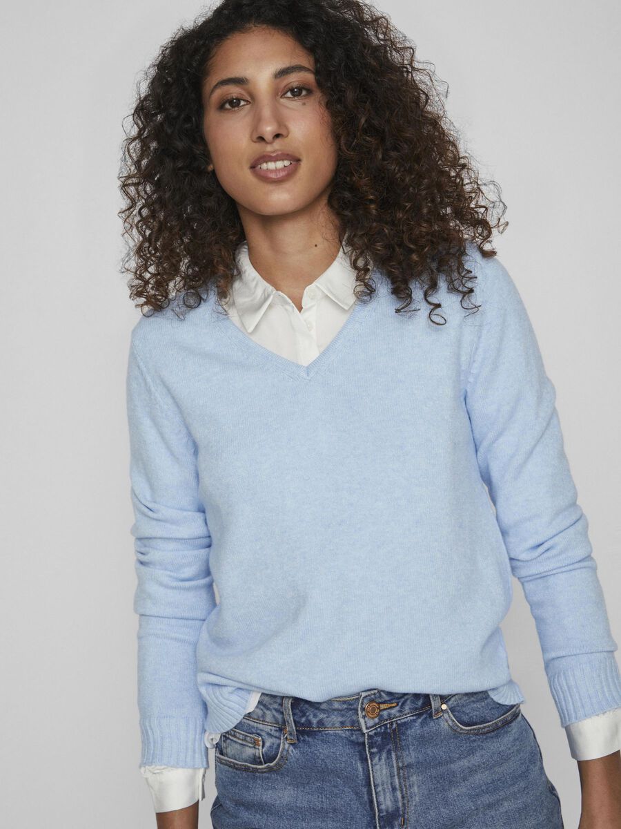 MIELA V Neck Jumper Sweater for Women - Soft Blue Melange Knit Pullover | Casual Winter Wear, Office Outfit & Cozy Layering