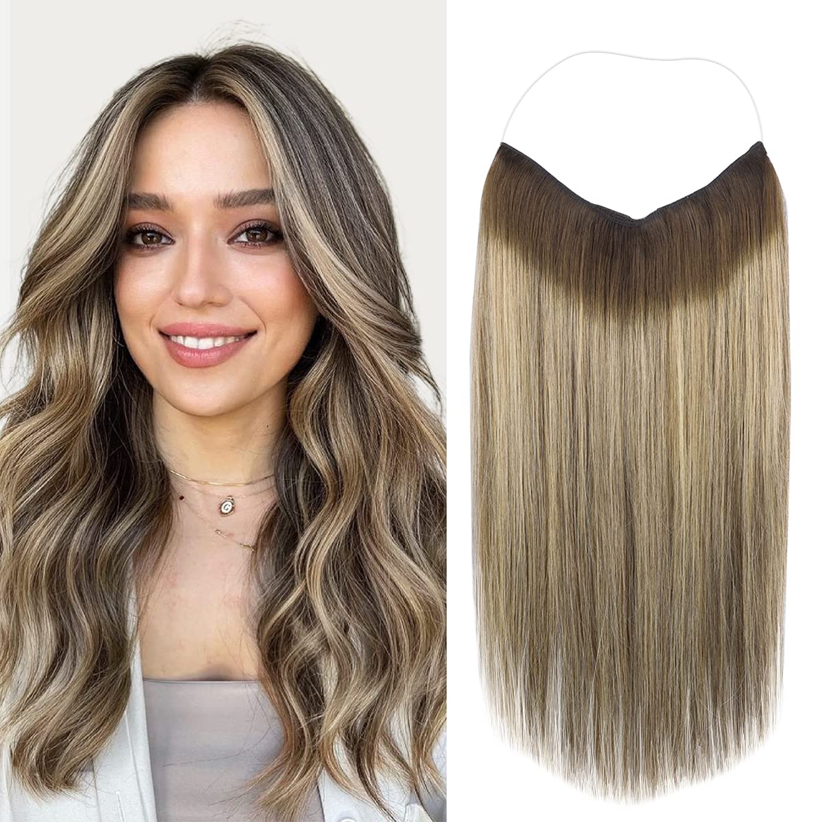 Marat 20-Inch Wire Hair Extensions – 110g Balayage Chocolate Brown to Honey Blonde Remy Human Hair with Invisible Fish Line | Real Human Hair Extensions for Everyday Wear, Parties & Special Occasions