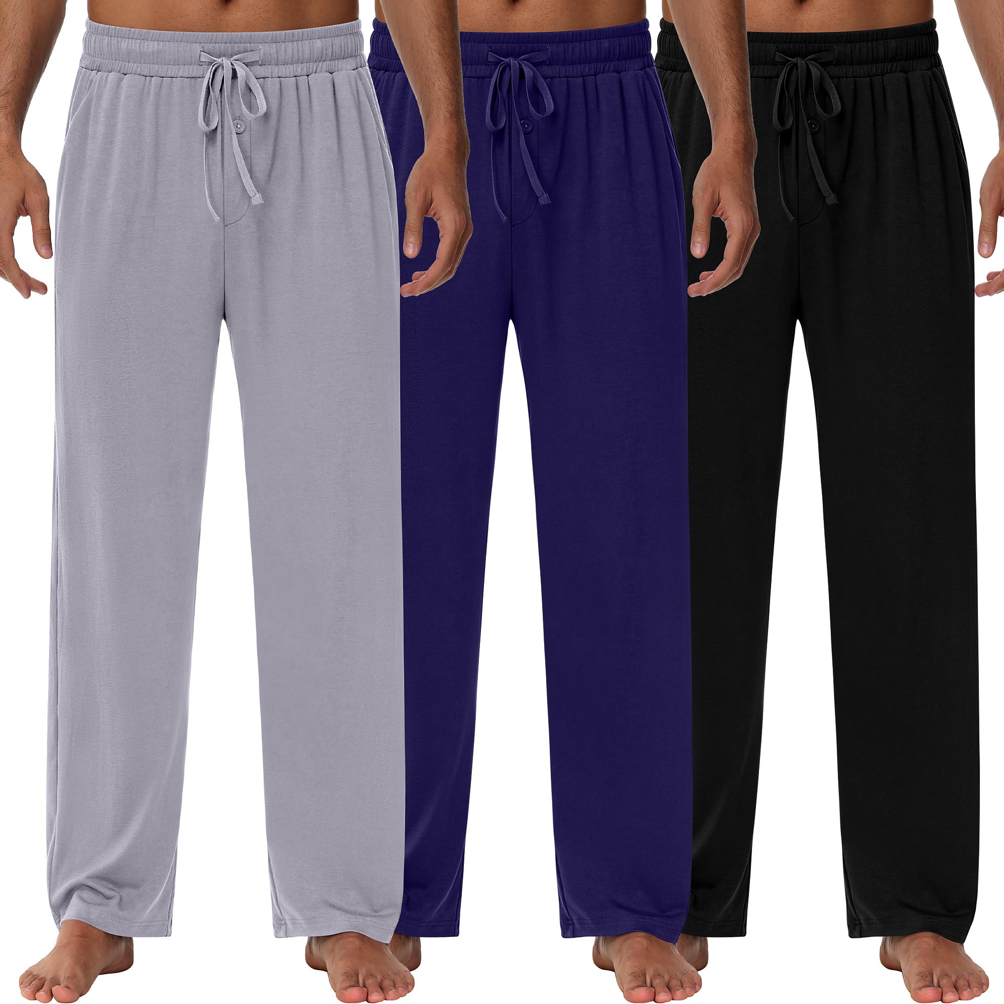 Neer Men's 3 Pack Lightweight Knit Sweatpants - Baggy Lounge Pants with Pockets, Straight Leg Comfort Pajama Pants for Home, Gym & Travel