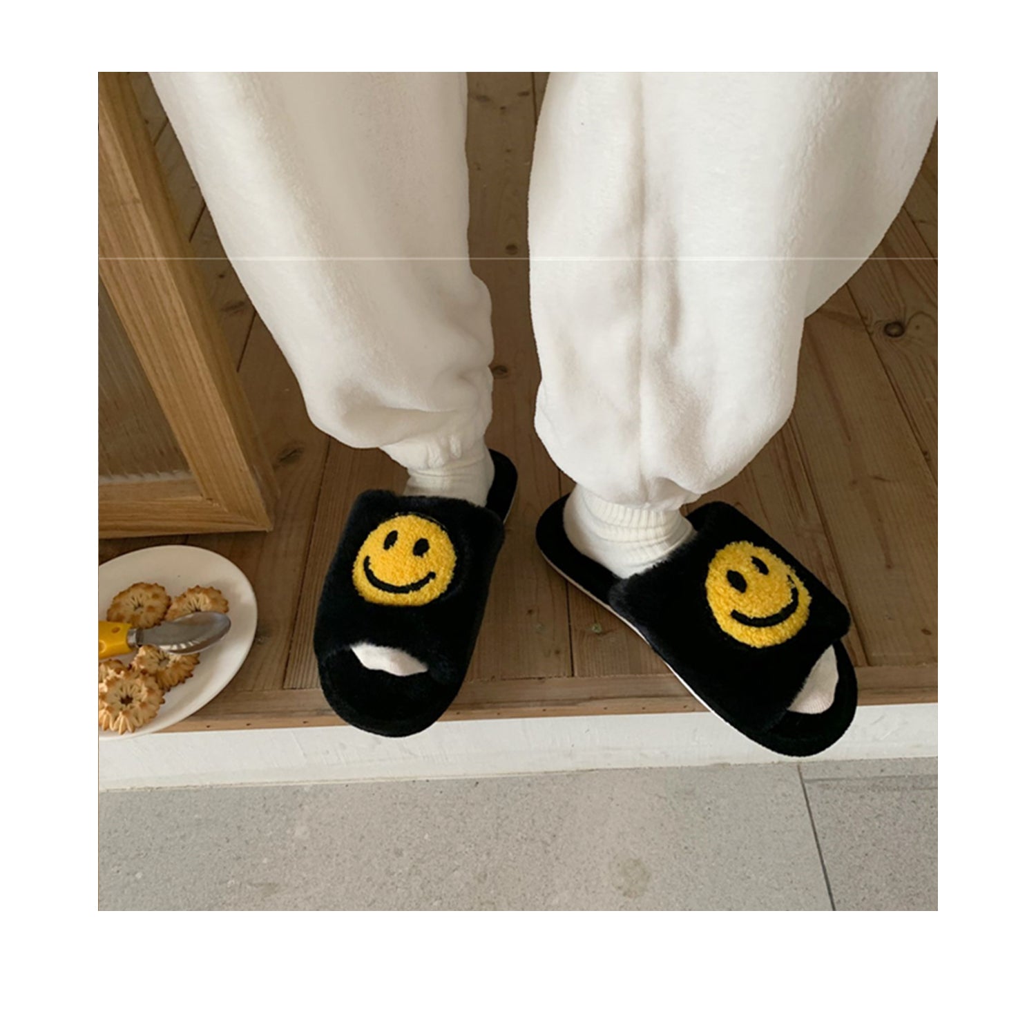 FLOOF Fluffy Open Toe Smile Slippers for Women - Soft Plush House Shoes with Cute Smile Design - Perfect for Indoor Relaxation, Lounge Wear & Cozy Home Comfort (Black)