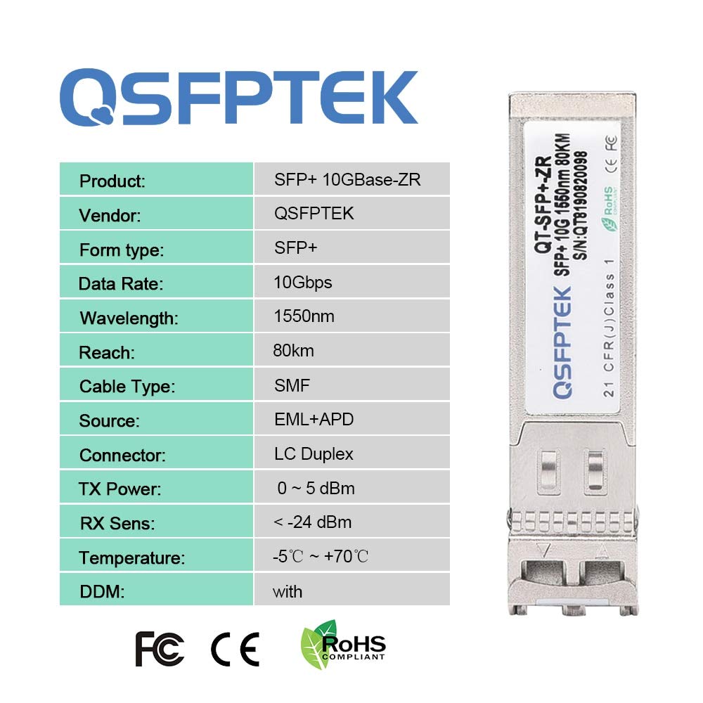 10G SFP+ Module, 10GBASE-ZR LC Single-Mode Fiber SMF 1550nm, 80km - 10Gb Gigabit Ethernet SFP+ Transceiver with DDM - Compatible with Cisco SFP-10G-ZR, Ubiquiti, Netgear, Mikrotik, D-Link, Broadcom - Ideal for High-Speed Data Centers, Enterprise Networks & Telecom Applications