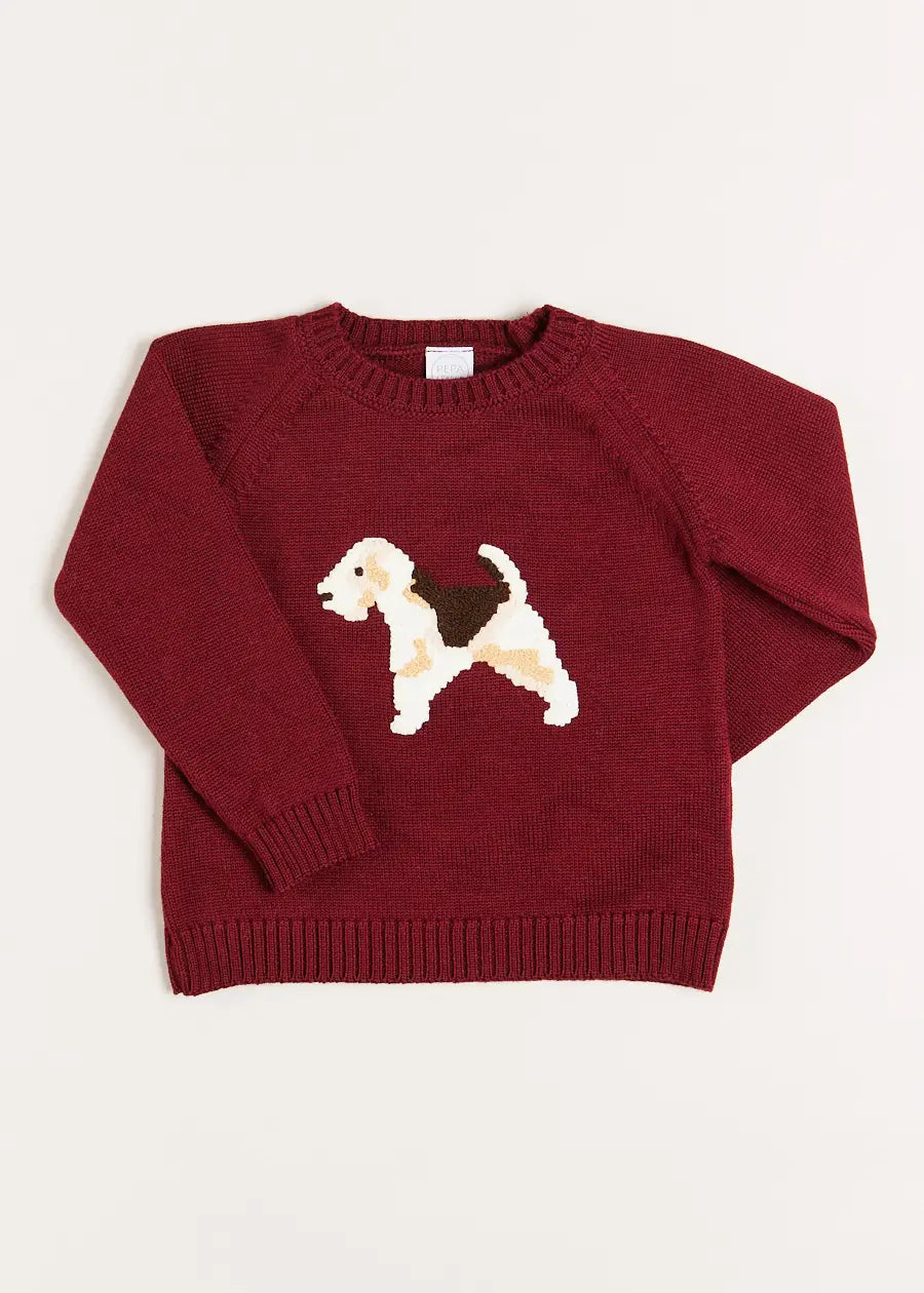 Burgundy Dog Intarsia Knit Sweater for Kids - Cozy Winter Pullover for Boys & Girls (12 Months to 10 Years) | Perfect for Christmas Photos, Family Outings & Cold Weather Playdates
