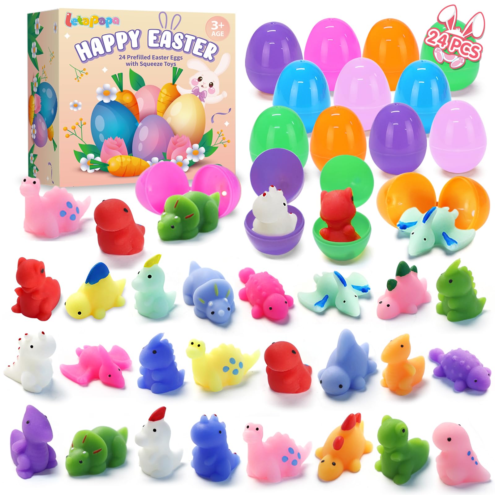 24 Pack Filled Easter Eggs with Squishy Toys Inside - Dinosaur Squishies for Easter Basket Stuffers, Party Favors & Classroom Rewards - Perfect for Easter Egg Hunt, Kids Party Gifts & School Prizes