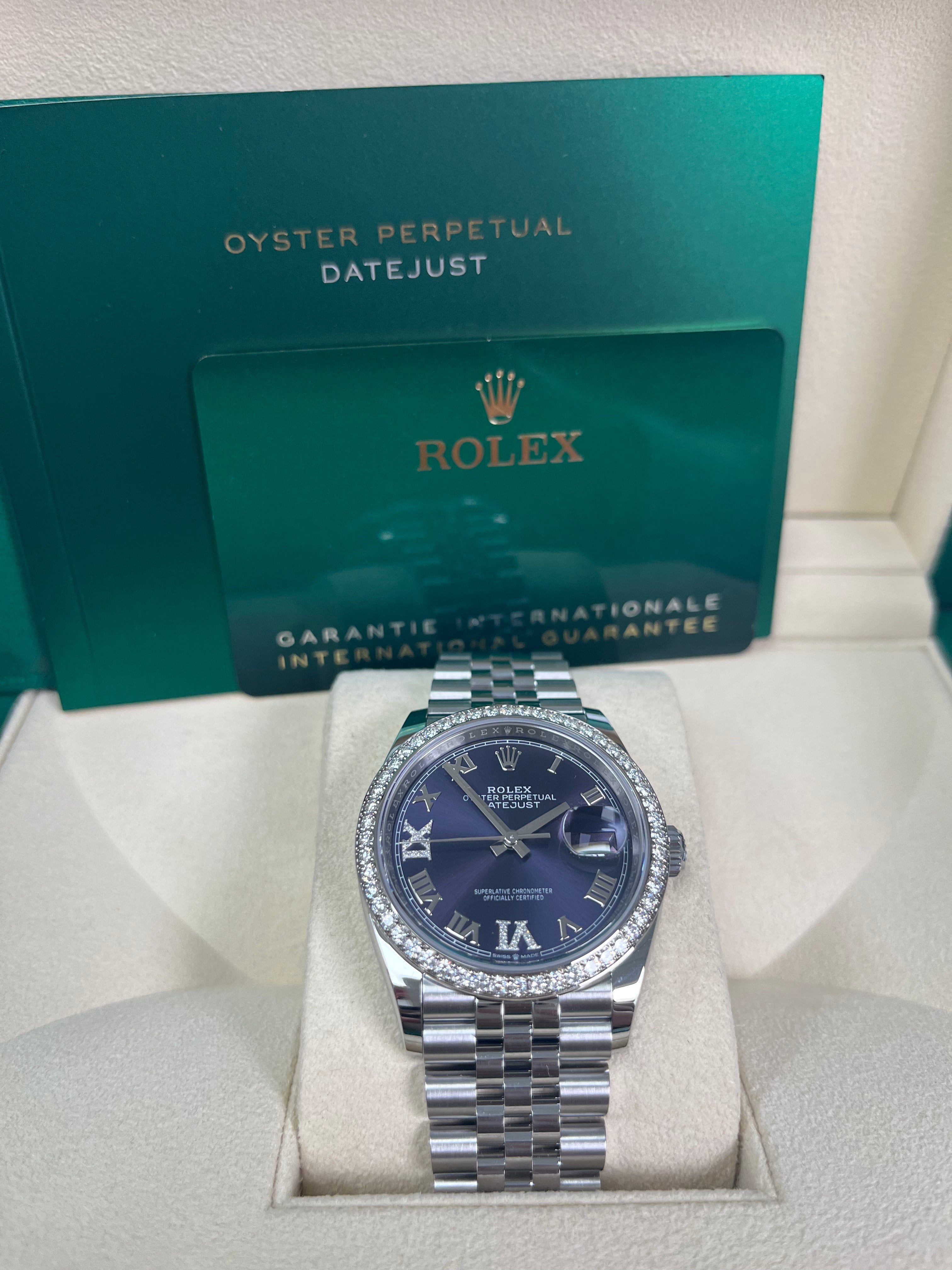 Rolex Steel Datejust 36 Watch with Diamond Bezel - Aubergine Purple Diamond Roman VI & IX Dial - Jubilee Bracelet (Ref #126284rbr) | Luxury Timepiece for Men & Women, Perfect for Formal Events, Business Meetings & Special Occasions
