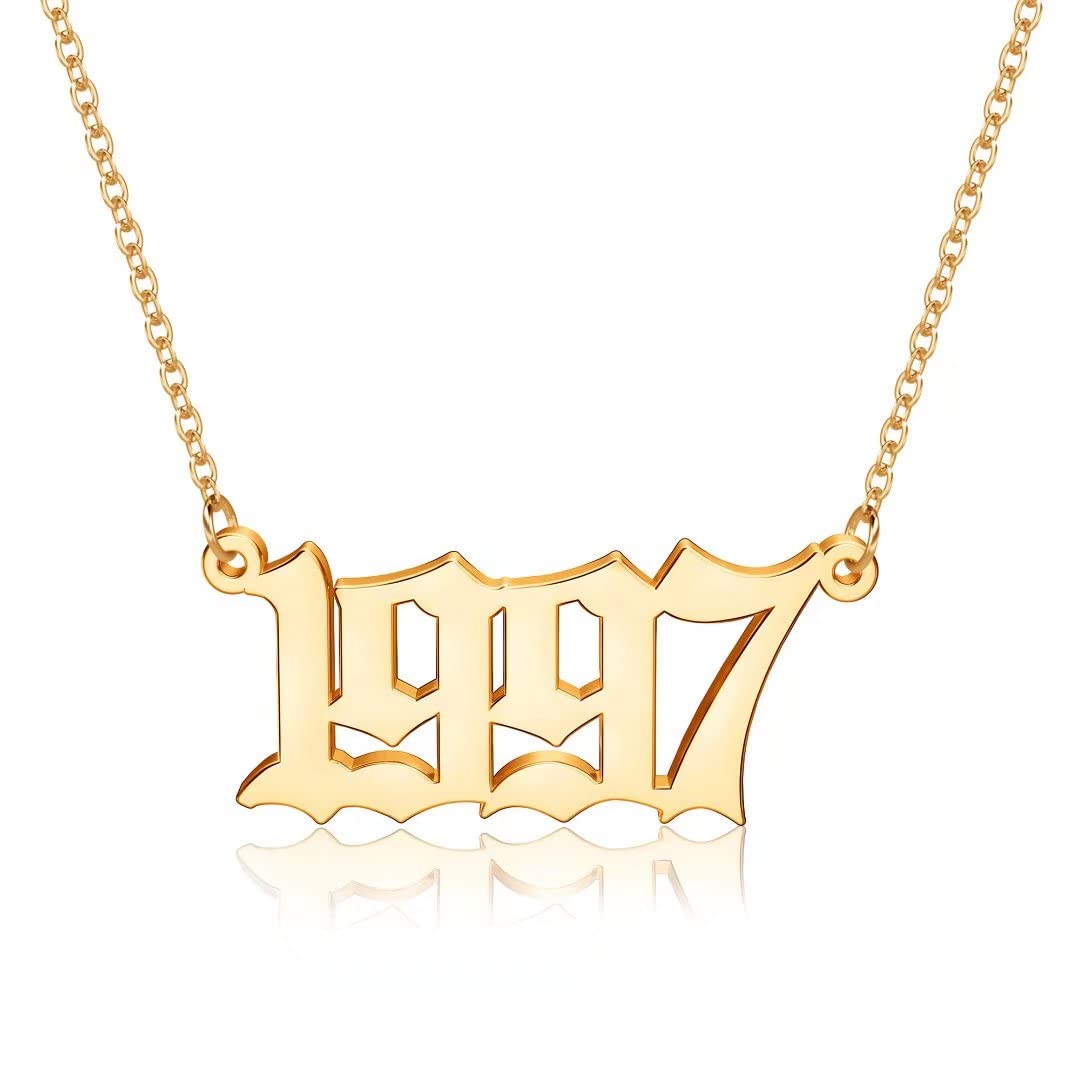 18K Gold Plated Old English Birth Year Necklace for Women - Personalized 1970-2021 Number Pendant Jewelry Gift for Birthday, Anniversary & Special Occasions | Elegant Layering Necklace for Everyday Wear, Date Nights & Gift Giving