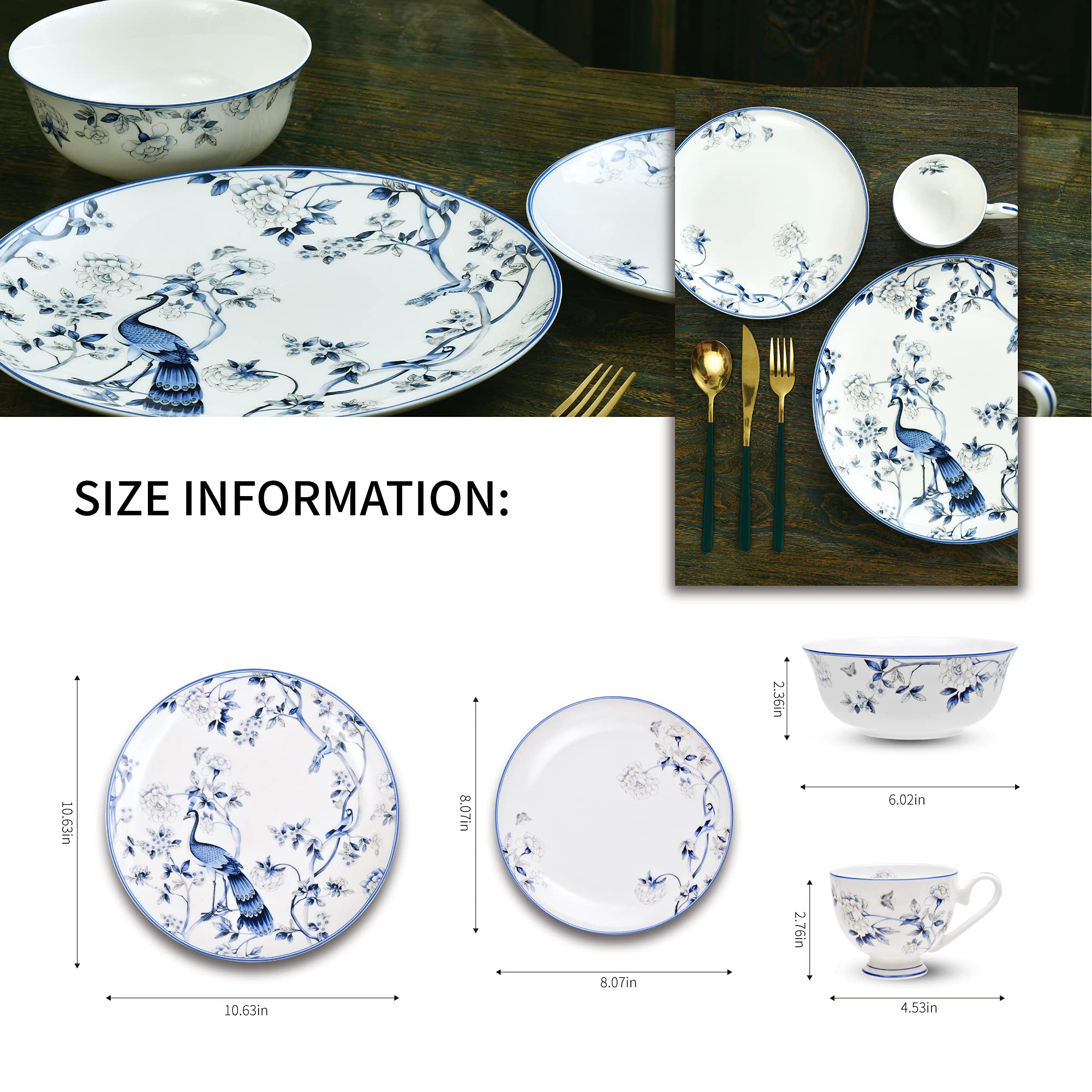 16-Piece Premium Bone China Dinnerware Set for 4 - Blue and White Porcelain Plates, Bowls & Coffee Cups - Elegant Tableware for Dining, Entertaining & Daily Use - Jingdezhen Porcelain Collection