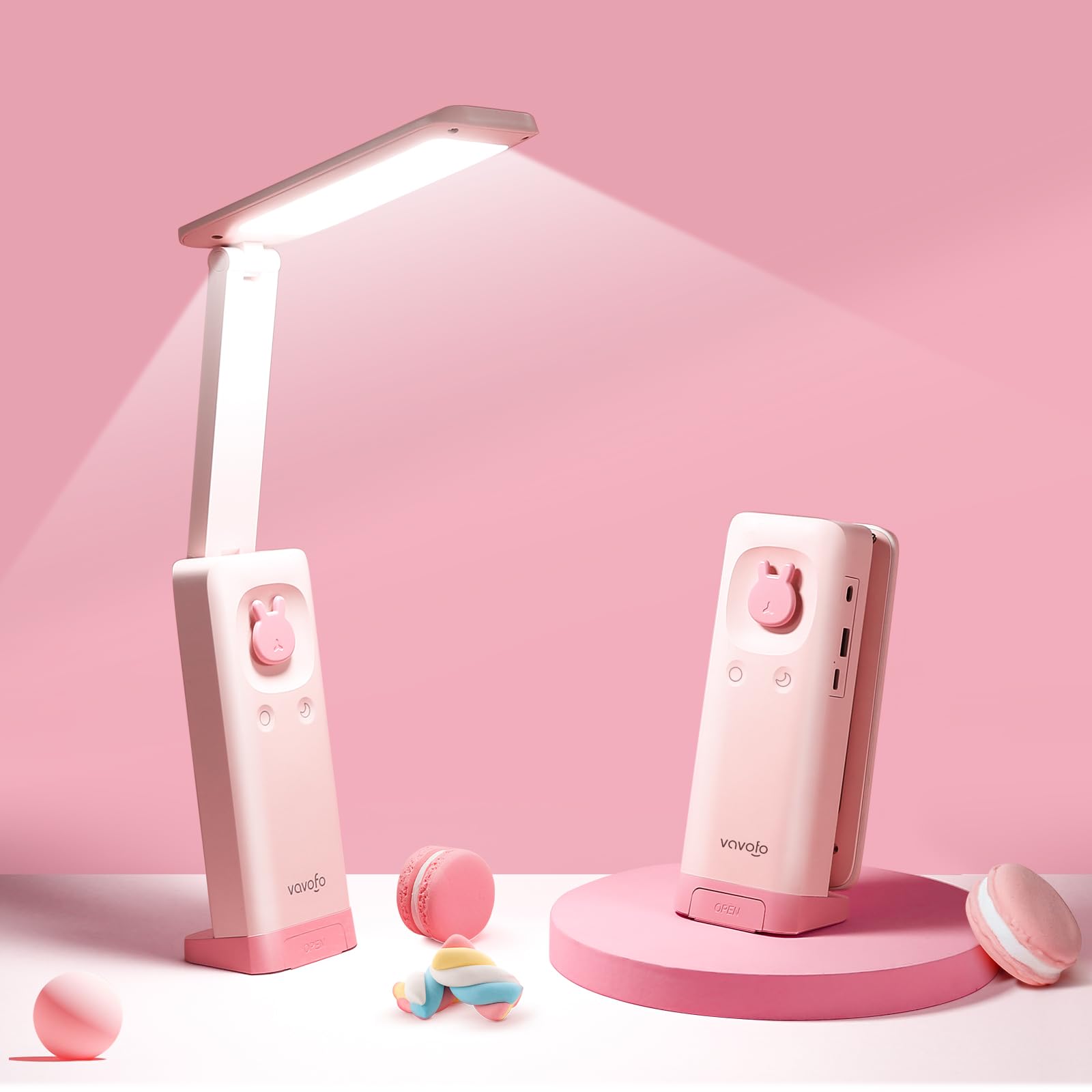 VAVOFO Foldable Portable Cute Desk Lamp - Battery Powered with 6000mAh Rechargeable, 3 Color Modes (Warm/White/Cool), USB-C Charging, Cordless for Home Office, Study, Bedroom Night Light (Pink)