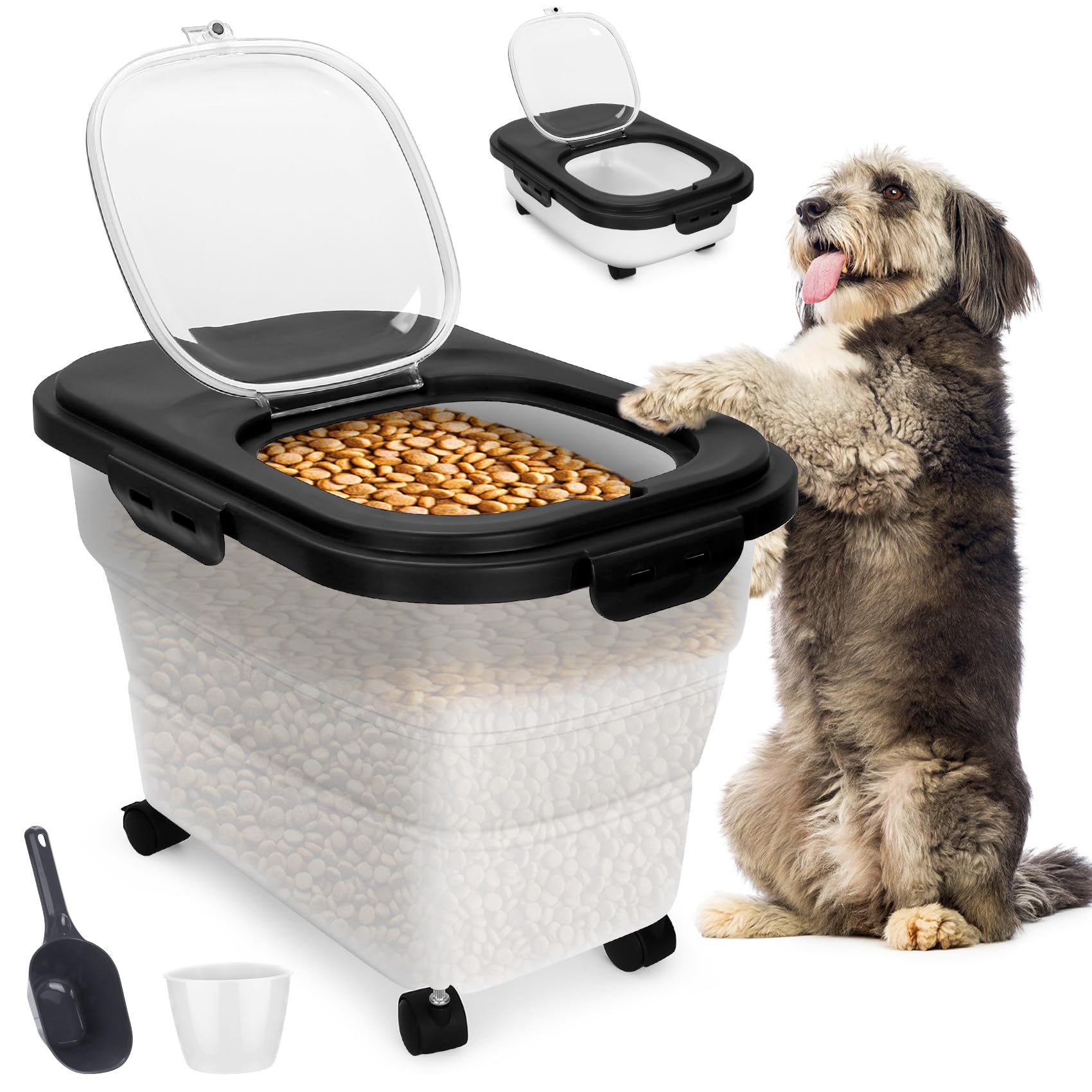 Collapsible Dog Food Storage Container with Wheels - 17-20 lb Airtight Pet Food Bin with Scoop & Measuring Cups - Perfect for Home, Travel & Outdoor Use