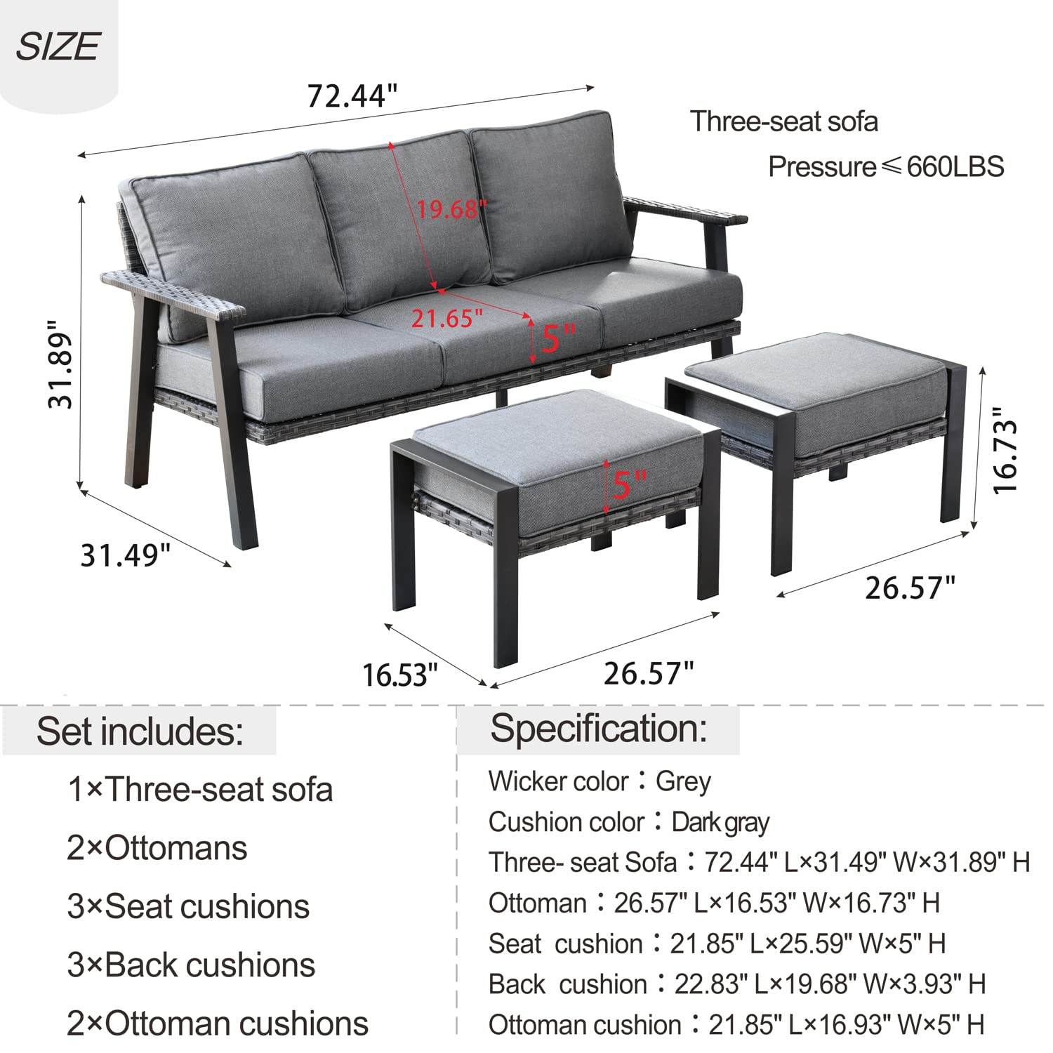 Ovios 3-Piece Patio Sofa Set with 2 Ottomans - Outdoor Wicker Rattan Couch with Comfortable Cushions - All-Weather High Back 3-Seater Sofa for Garden, Porch, or Backyard - Dark Grey