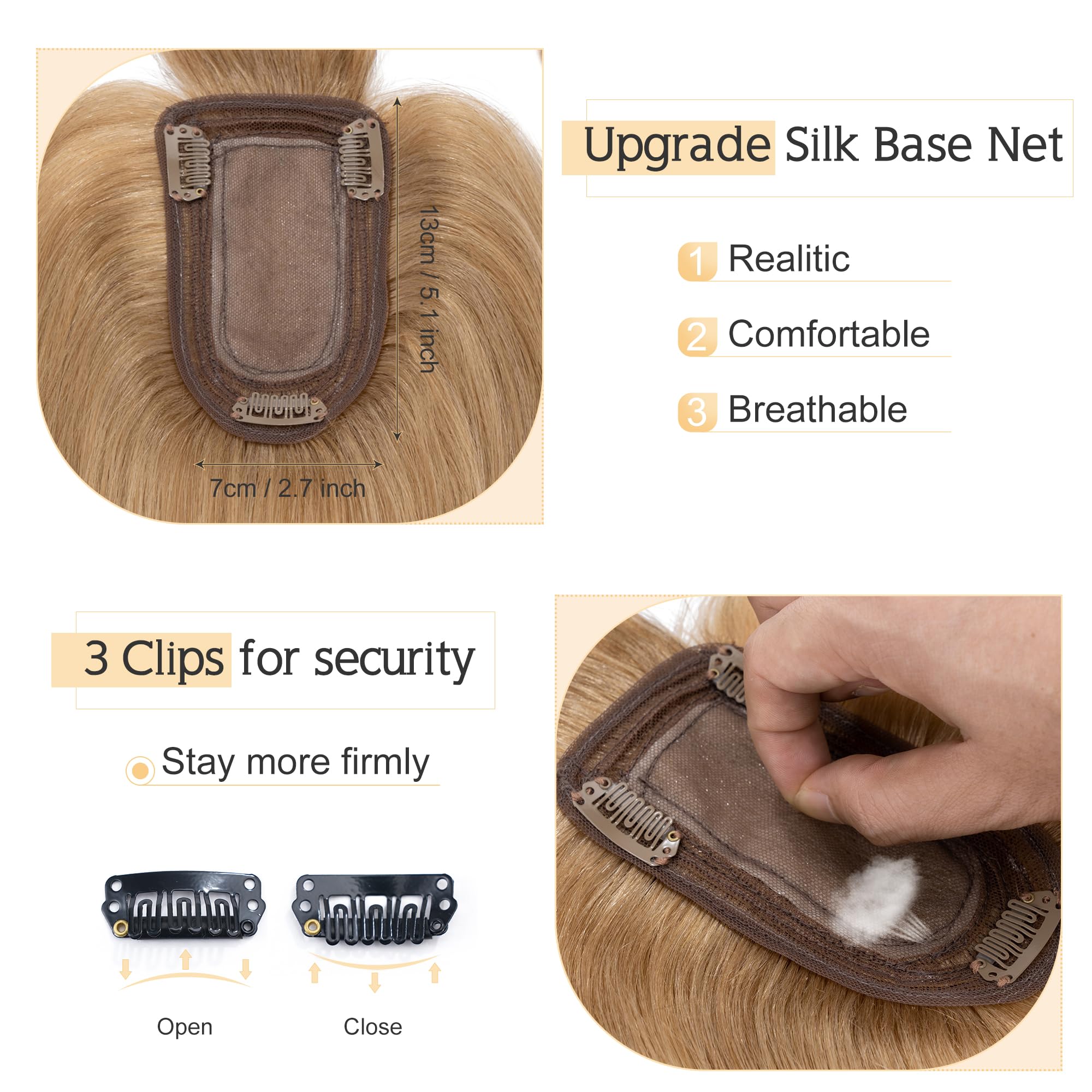 SEGO 7x13cm Silk Base Human Hair Toppers for Women with Bangs - 100% Remy Human Hair Clip-in Top Wiglet for Thinning Hair (12 Inch, Dark Blonde) | Perfect for Daily Wear, Special Occasions & Hair Volume Enhancement