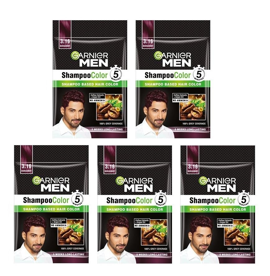 Garnier Men Hair Color Shampoo - Burgundy Shade 3.16 (5 Pack, 100g Each) | Permanent Hair Dye for Men with Natural Gray Coverage | At-Home Hair Coloring for Professional-Looking Results