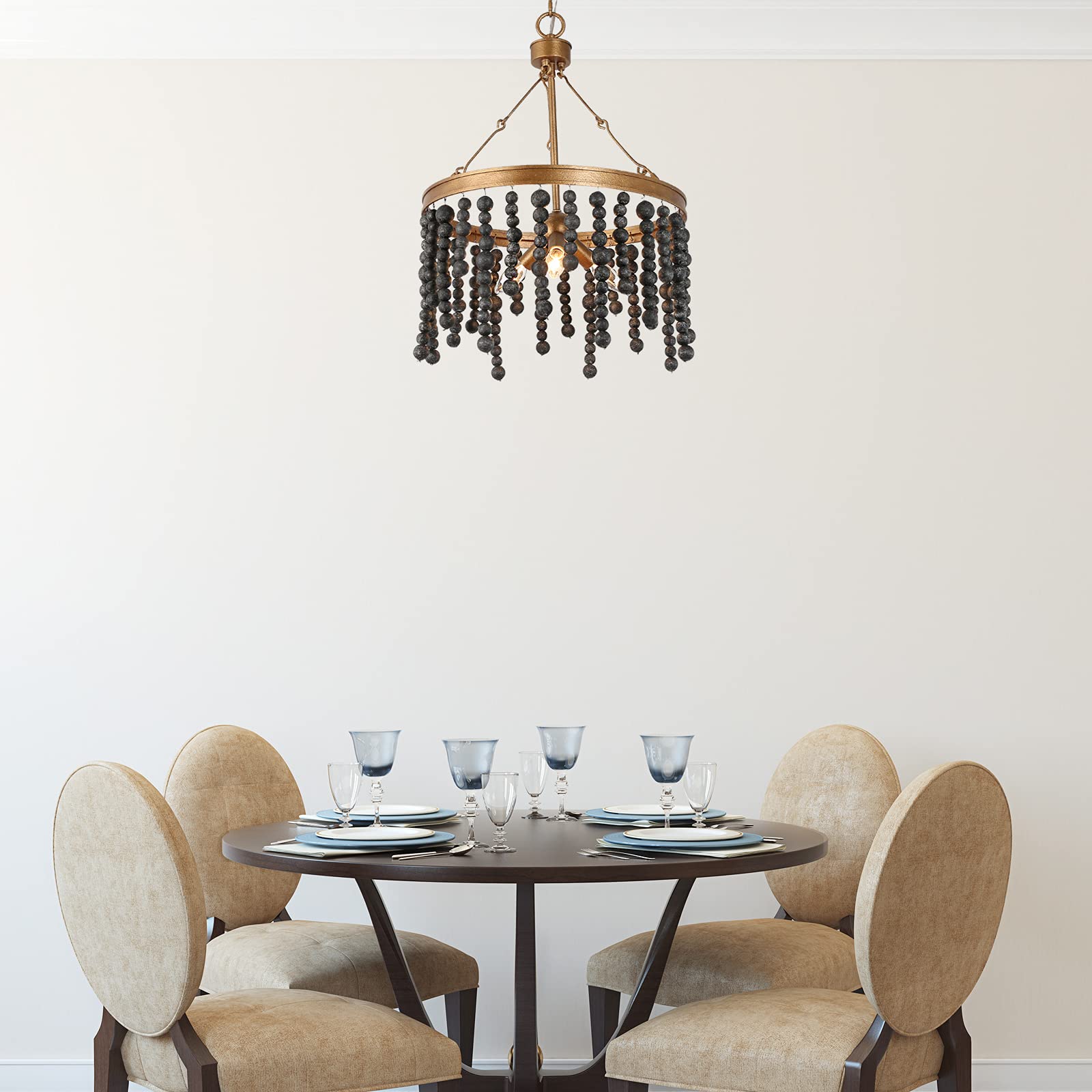 Black 3-Light Wood Beaded Boho Chandelier - 17