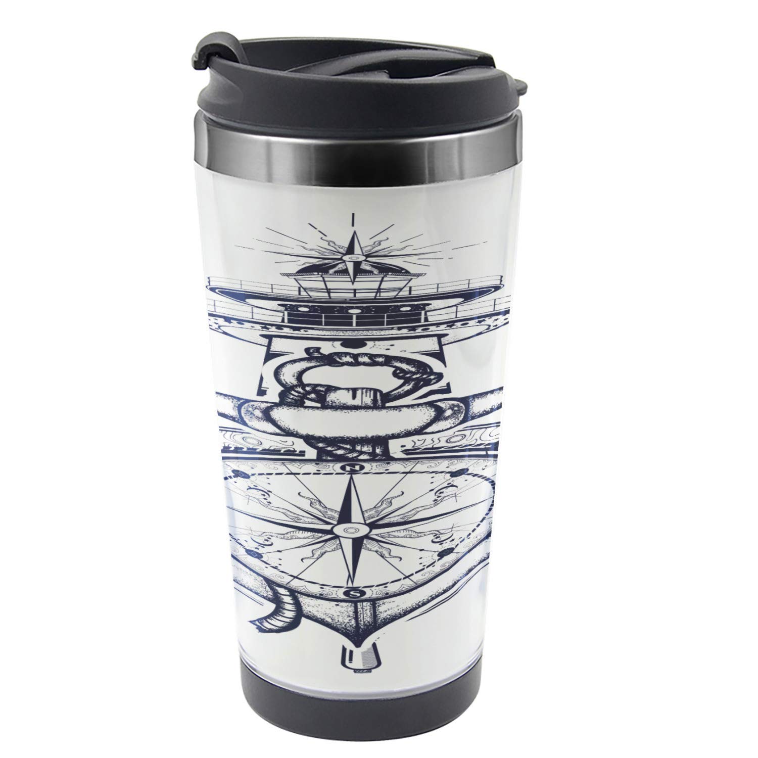 Ambesonne 16 oz Stainless Steel Travel Mug - Nautical Theme with Anchor, Steering Wheel, Lighthouse & Compass - Dark Night Blue & Ivory - Insulated Thermal Cup for Coffee, Tea & Hot Drinks - Perfect for Travel, Office & Outdoor Adventures