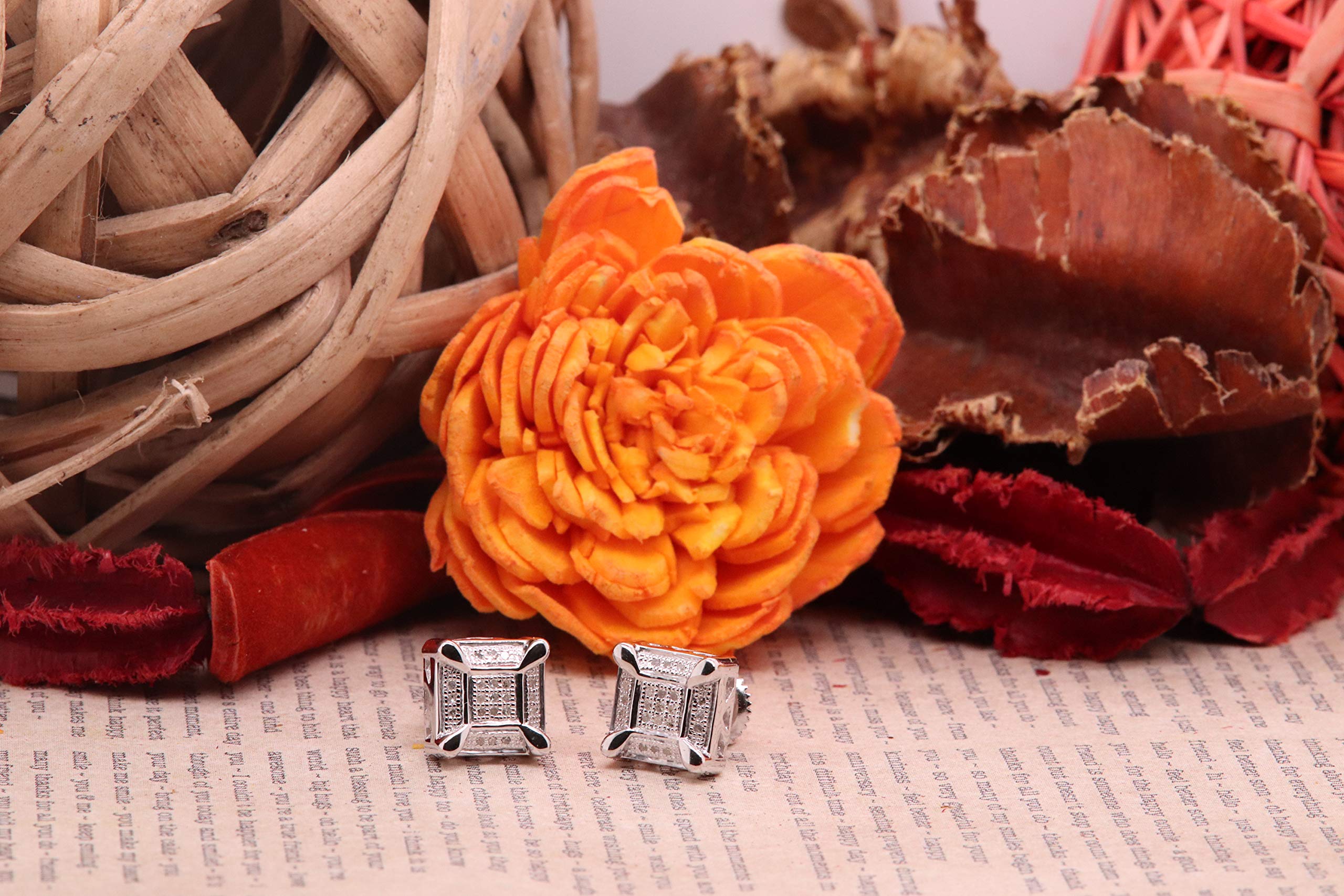 Dazzlingrock Sterling Silver Men's Round Diamond Stud Earrings - 1/8 CTW Square Cluster Design for Gifts, Weddings & Special Occasions