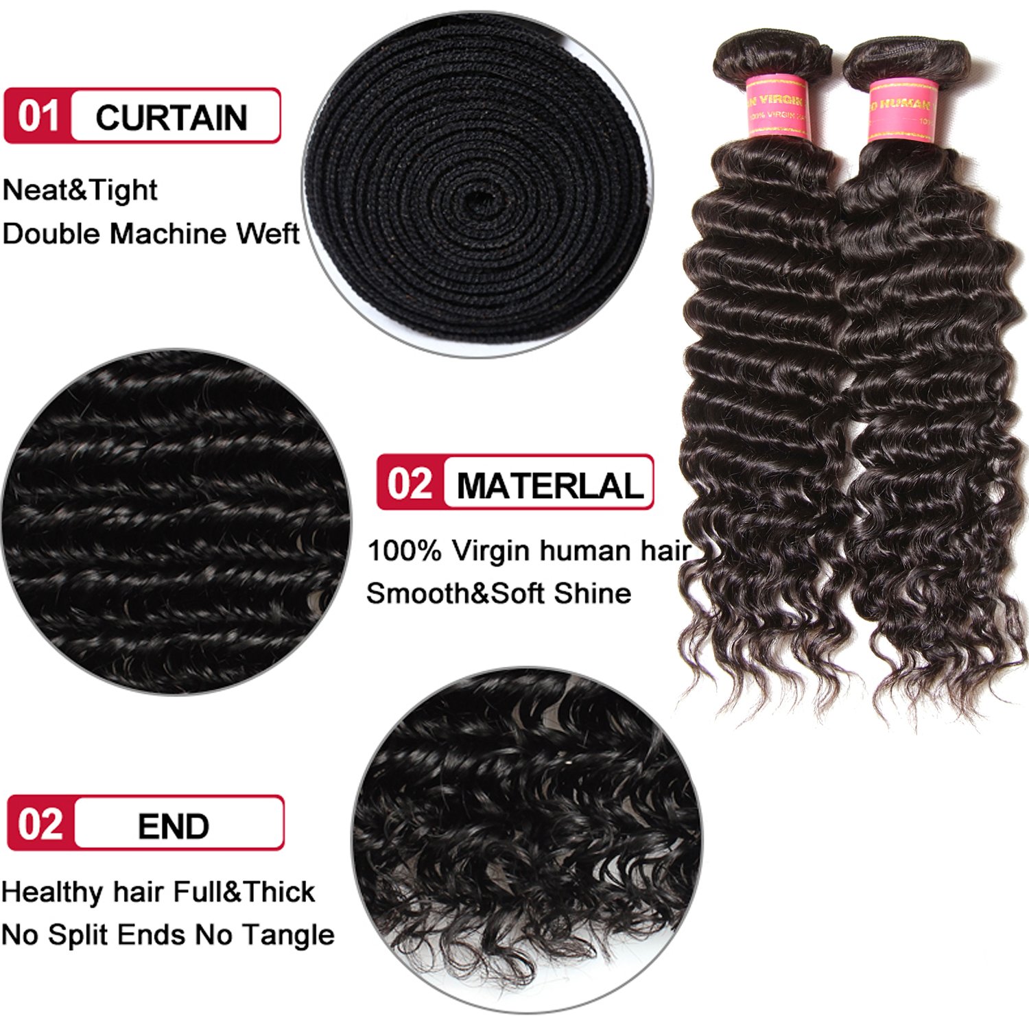 Klaiyi 10A Brazilian Virgin Hair Weave - Deep Curly Human Hair Extensions (3 Bundles) - Unprocessed Natural Color 20/22/24 Inch - 95-100g per Bundle for Stunning Volume & Length | Perfect for Daily Wear, Parties & Special Occasions