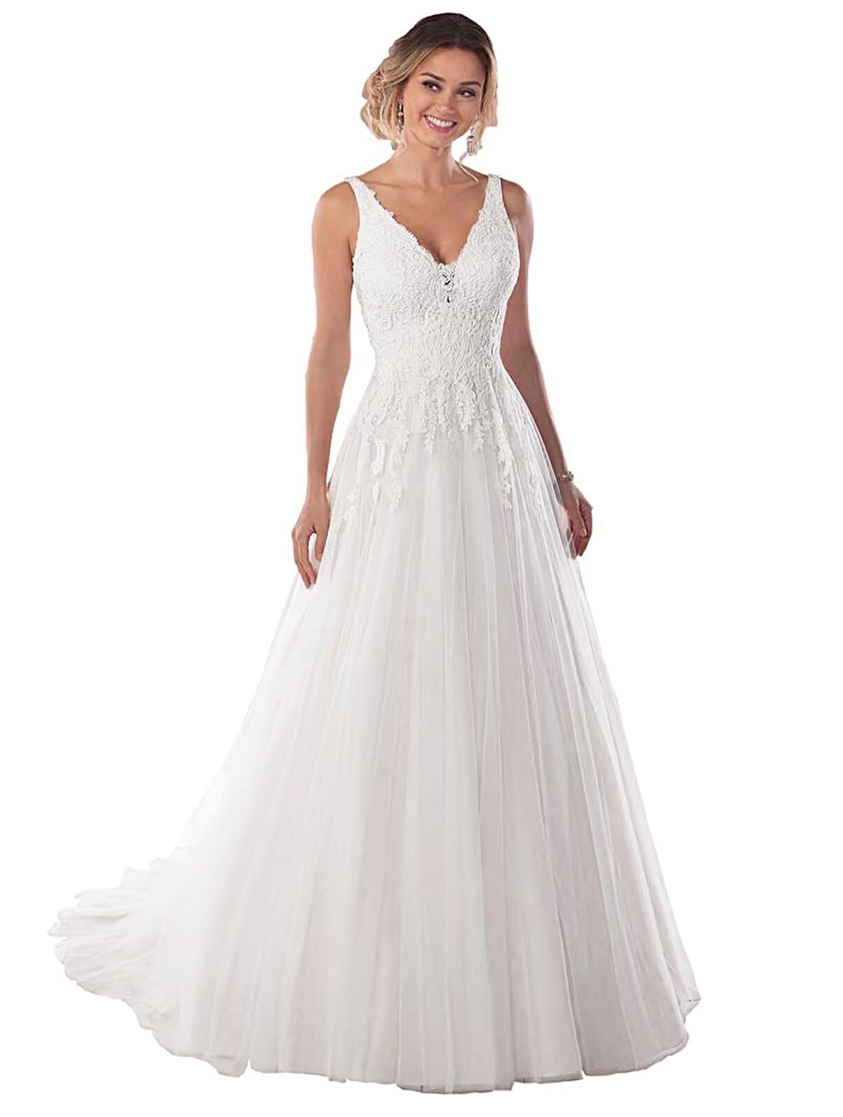 Elegant Dymaisei Women's V-Neck Boho Wedding Dress with Lace Applique - Perfect for Brides, Beach Weddings & Boho-Themed Ceremonies