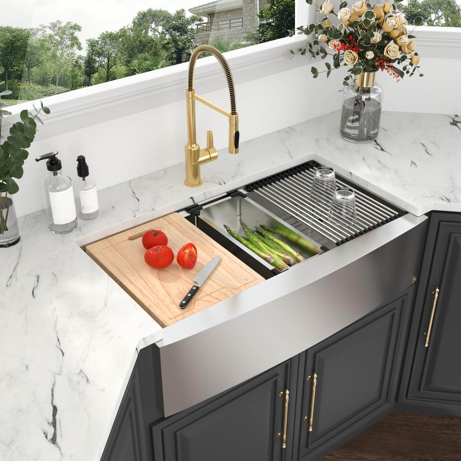 36 Inch Stainless Steel Farmhouse Kitchen Sink - Single Bowl Apron Front Farm Sink with Accessories | Handmade Modern Design for Rustic & Contemporary Kitchens | Perfect for Cooking, Baking, and Entertaining