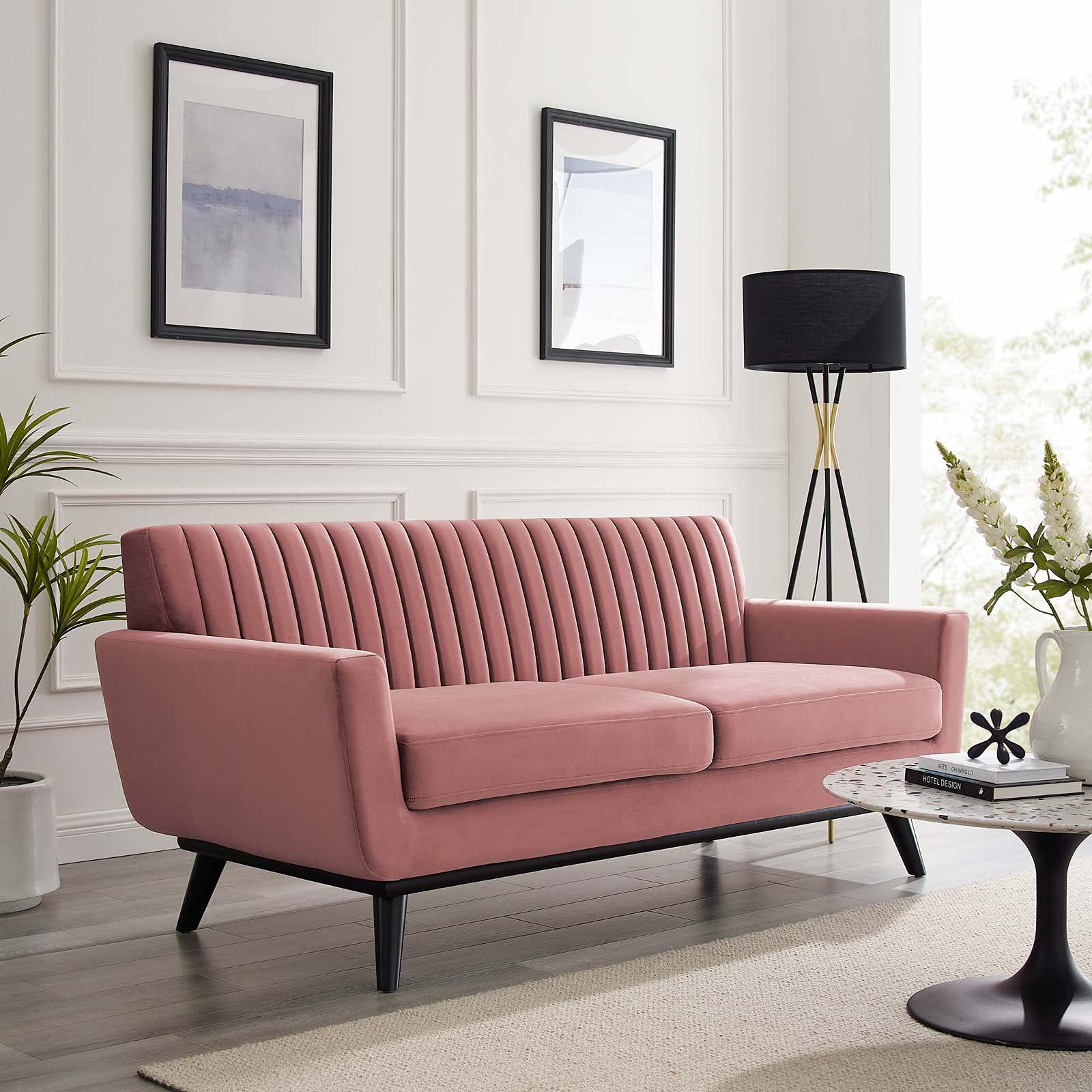 Modway Engage Channel Tufted Performance Velvet Loveseat Sofa - Dusty Rose Pink | Small Space Living Room Furniture | Perfect for Apartments, Dorms & Cozy Spaces