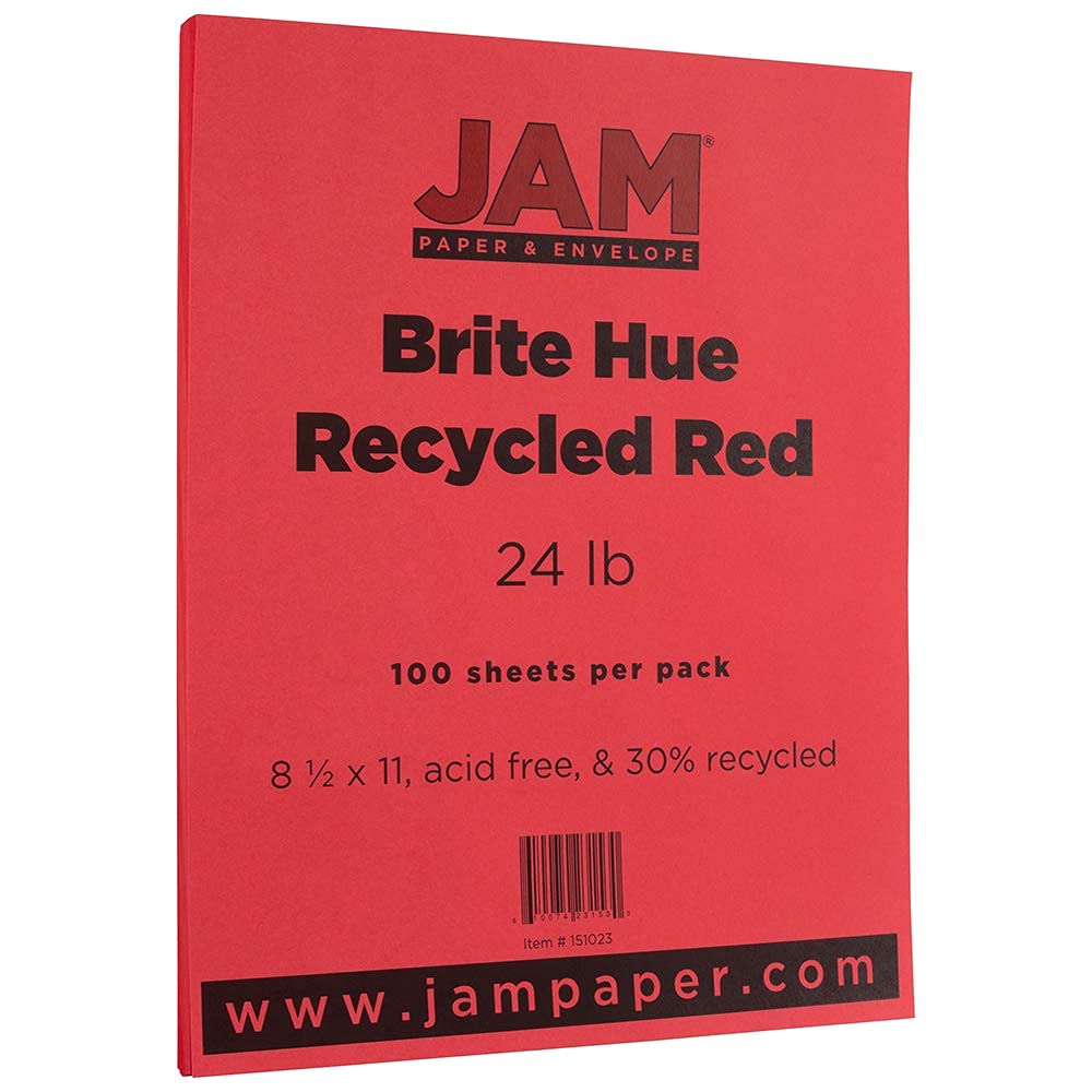 JAM PAPER Colored 24lb Paper - 90 GSM - 8.5 x 11 Inches - Red Recycled Paper - 50 Sheets per Pack - Perfect for Office, School, Craft Projects & Eco-Friendly Printing