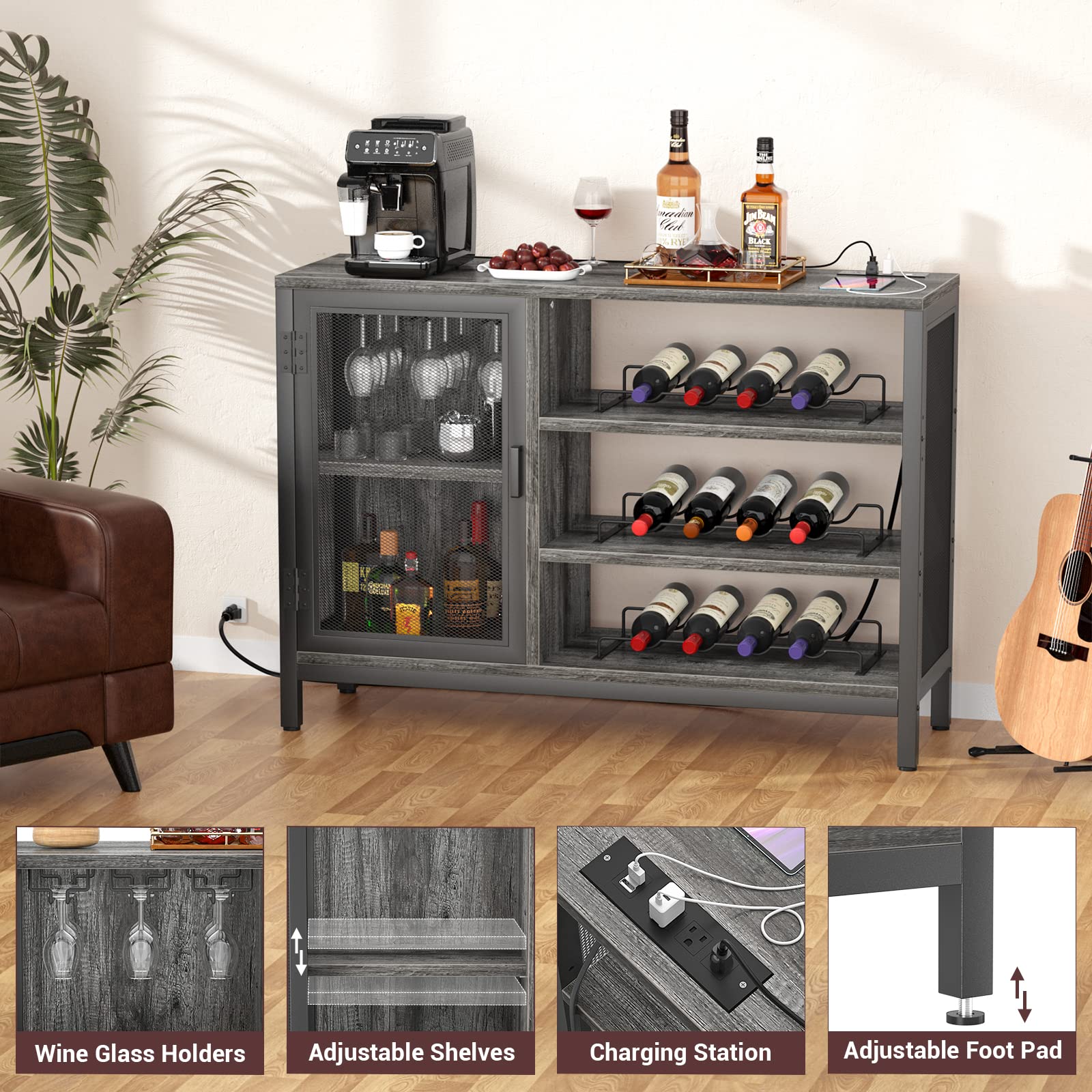 Homieasy Industrial Wine Bar Cabinet with Power Outlets - Farmhouse Mini Liquor & Coffee Bar for Home - Removable Wine Racks, Black Oak - Perfect for Kitchen, Dining Room or Home Bar Setup
