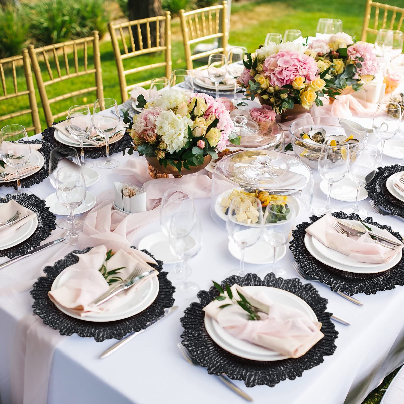 50 Pcs 13 Inch Black Plastic Wedding Charger Plates with Floral Reef Design - Decorative Round Ruffled Rim Dinner Plates for Wedding, Party, Event Table Setting - Elegant Tableware for Bridal Showers, Banquets & Formal Dining Decorations