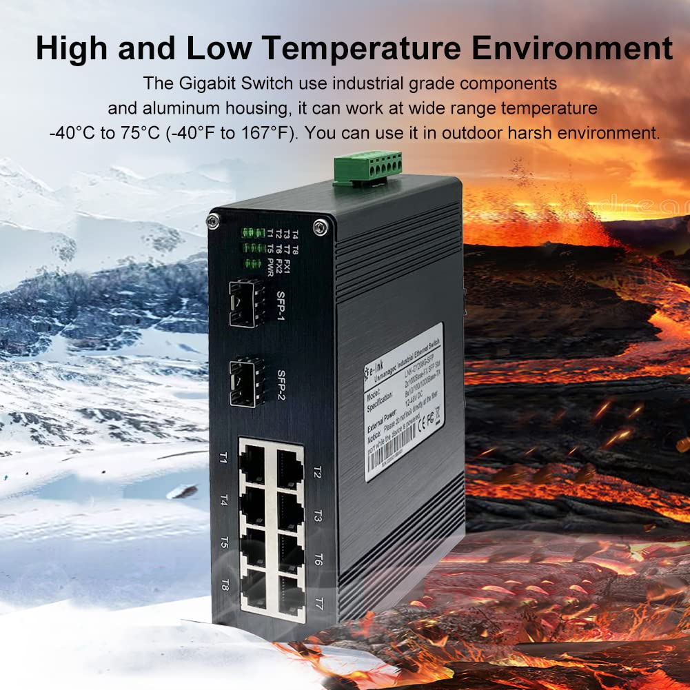 Industrial 8 Port Gigabit Ethernet POE+ Switch | DIN Rail Mount | Unmanaged 10/100/1000Mbps | 2 SFP Slots | Rugged Network Solution for Factory Automation & IP Surveillance Systems