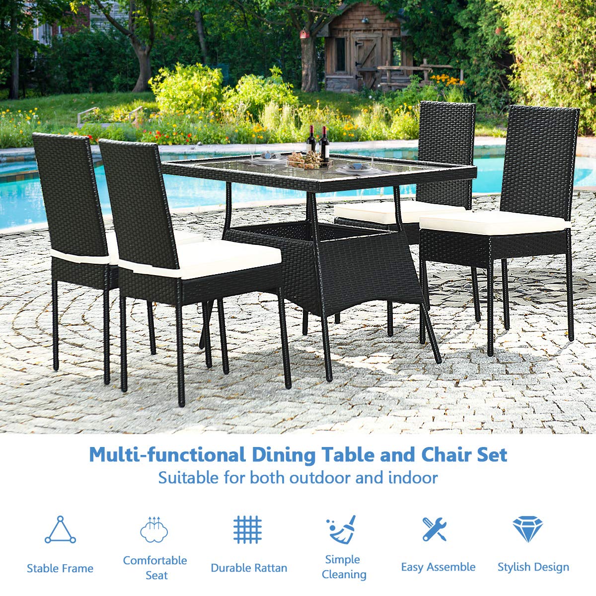 HAPPYGRILL 5-Piece Outdoor Patio Dining Set - Rattan Wicker Table & Chairs with Cushions & Tempered Glass Top - Garden, Poolside & Backyard Furniture for Relaxing & Entertaining