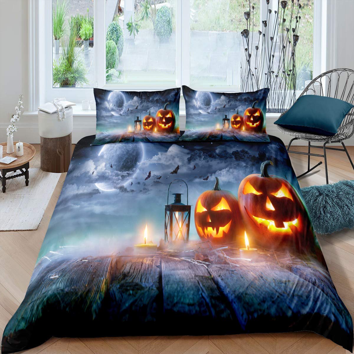 Feelyou Halloween Comforter Cover Set - Magic World Print Duvet Cover for Kids & Teens, Pumpkin Lantern Pattern Twin Size Bedding (2PC) | Spooky Bedroom Decor Gift for Boys & Girls