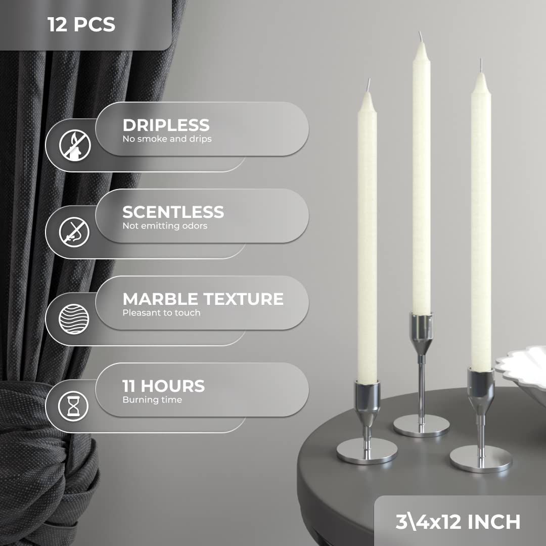 Premium Ivory Taper Candles 12-Pack - 12 Inch Unscented Dripless Dinner Candles for Elegant Dining, Wedding Centerpieces & Romantic Ambiance - Slow Burning Smokeless Long Candlesticks for Tables, Restaurants & Special Events