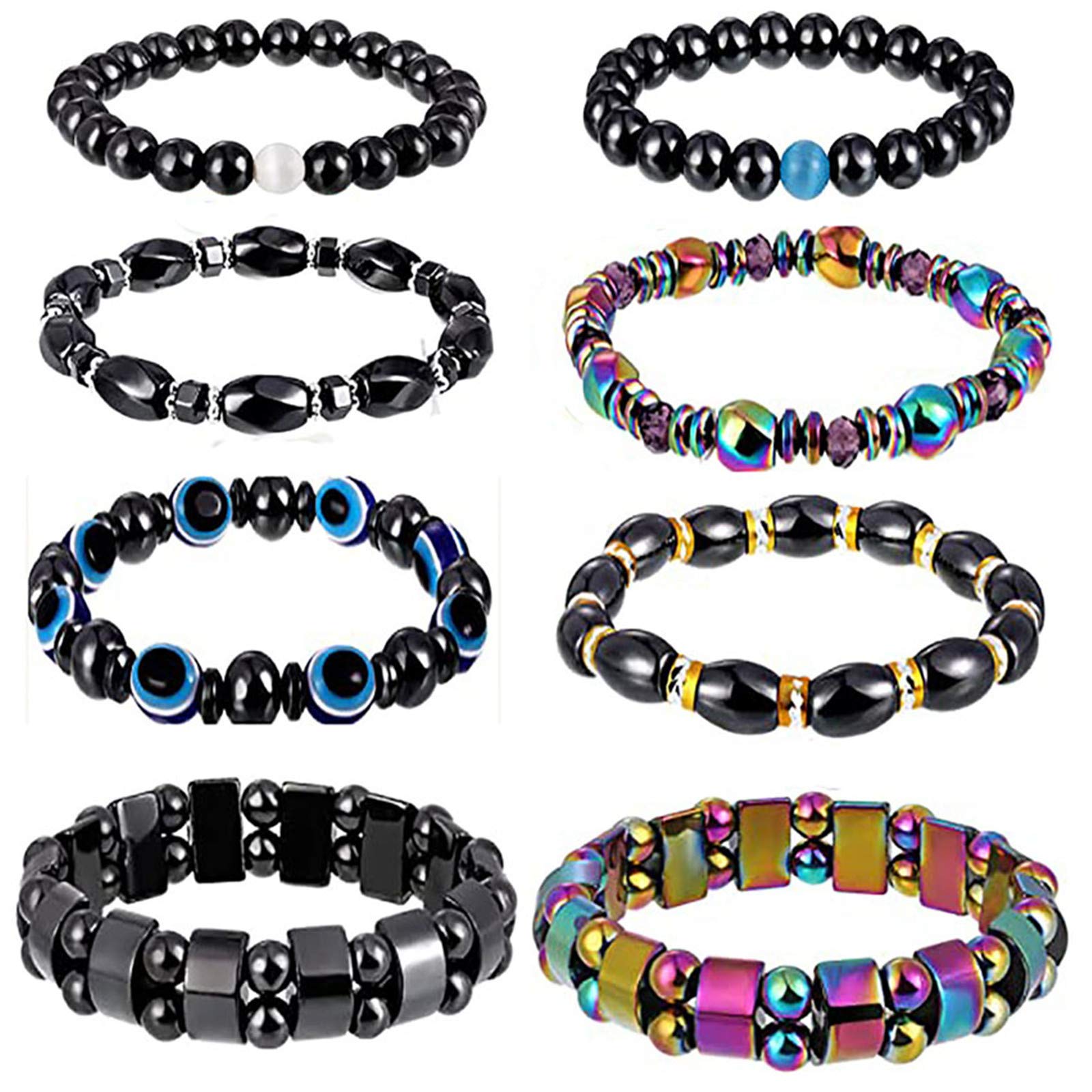 8Pcs Hematite Anxiety Relief Beaded Bracelet Set for Men & Women - Elastic Magnetic Stone Therapy, Lapis Lazuli Energy, Reiki Healing Jewelry - Unisex Birthday & Holiday Gift for Stress Relief & Positive Energy