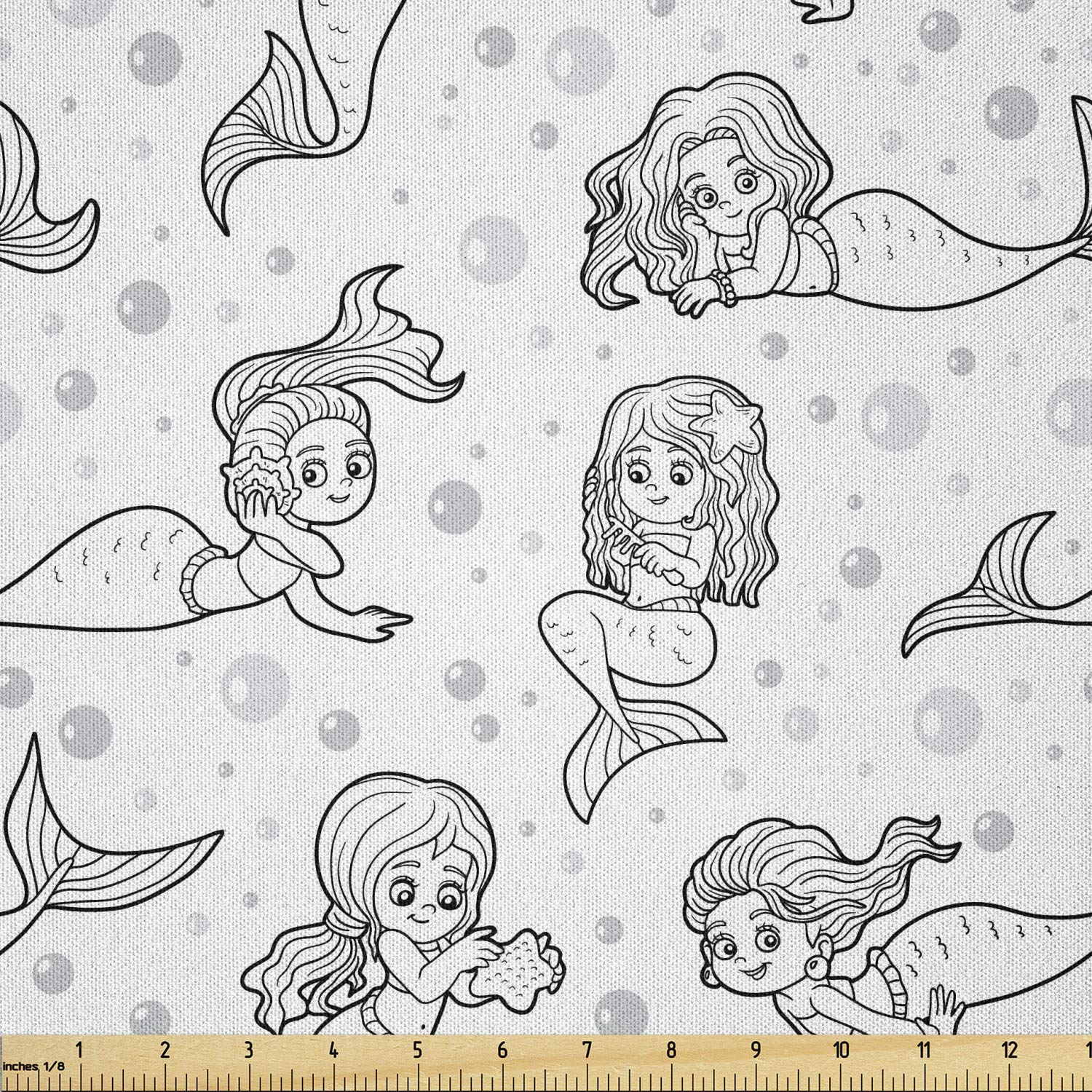 Lunarable Mermaid Print Microfiber Fabric by The Yard - Underwater Fantasy with Girls, Fish Tails, Bubbles & Starfish - Arts & Crafts Textile for DIY Projects, Home Decor (Black, Pale Grey, White) - Perfect for Quilting, Upholstery & Creative Sewing Projects