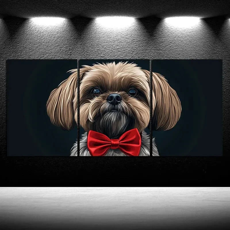 3pcs Dog Wearing Red Bow Tie Metal Wall Art - Ready to Hang Pet Portrait Decor for Living Room, Bedroom or Office