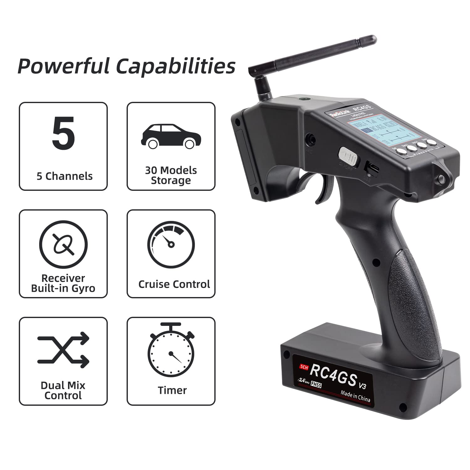 Radiolink RC4GS V3 2.4GHz 5-Channel RC Radio Transmitter with 2 R6FG Gyro Receivers - Remote Control System for Crawler, Truck, Car, and Boat - Perfect for Off-Road Racing, Drifting, and Water Sports