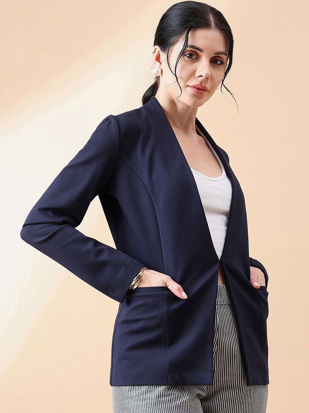 Stylish Navy Stretch Blazer - Lapel-Free Women's Business Jacket for Office Wear & Professional Outfits