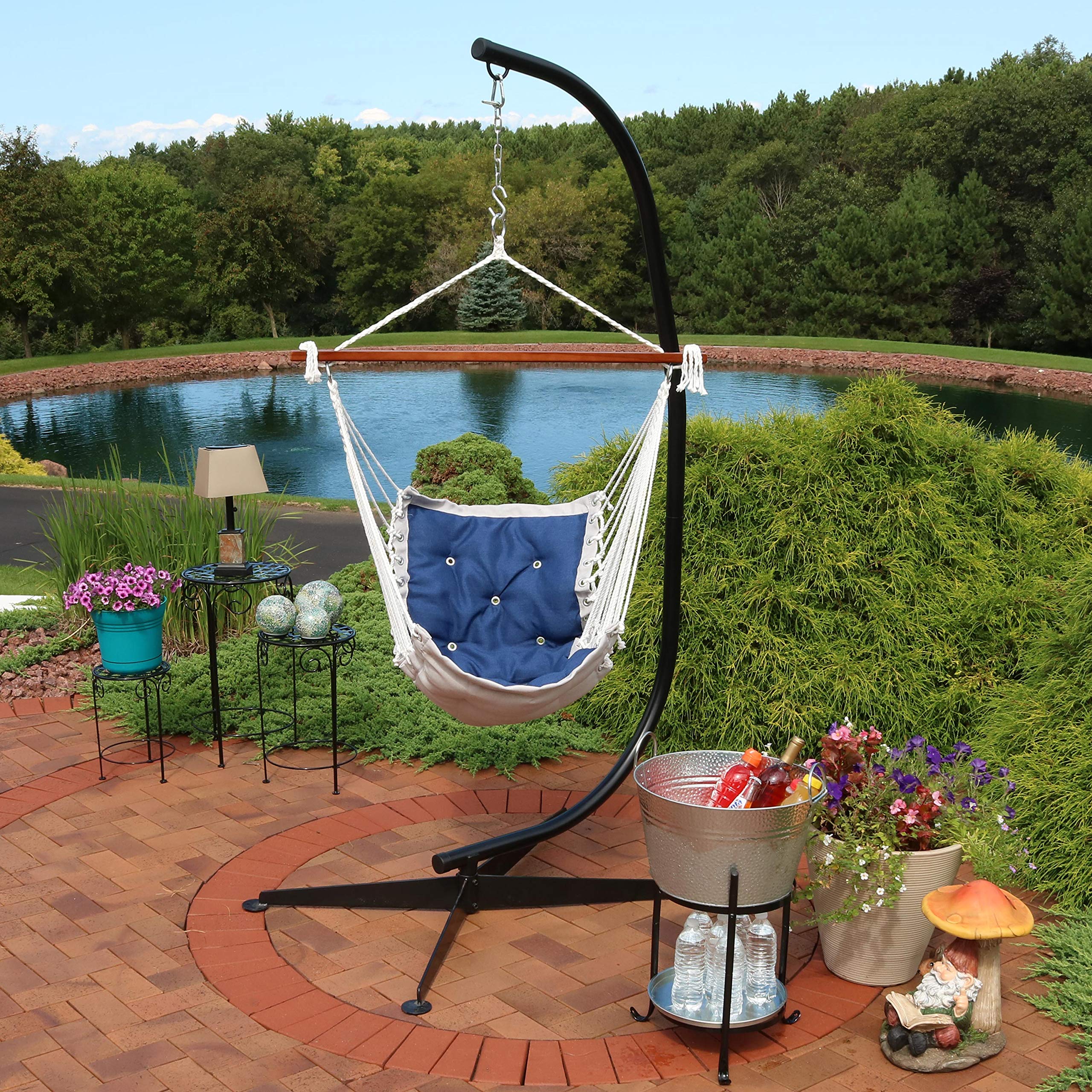 Sunnydaze Tufted Victorian Hammock Chair Swing with Steel C-Stand - 300lb Weight Capacity - Black Stand & Navy Blue Fabric - Perfect for Porch, Patio, Garden, and Indoor Relaxation