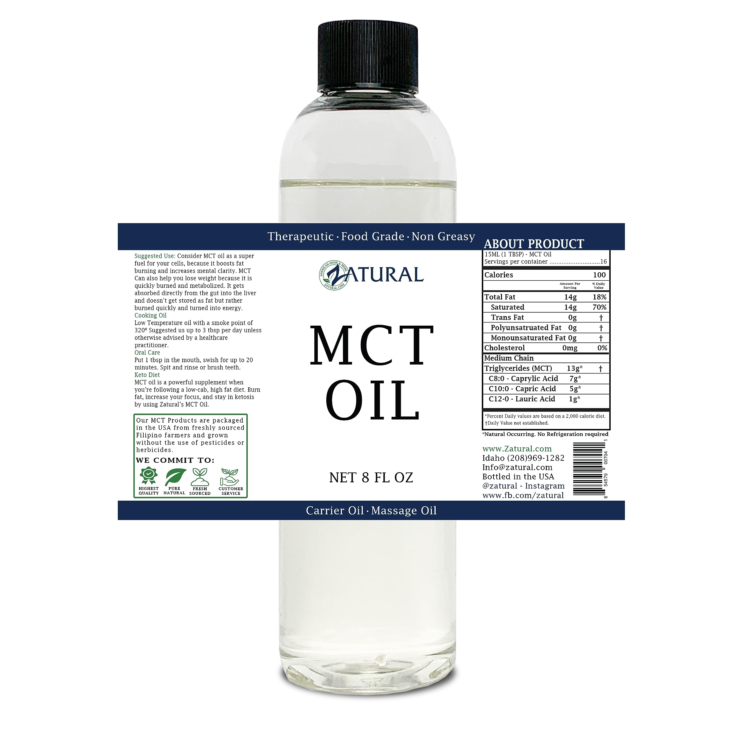 Premium Pure MCT Oil - 100% Natural Coconut Carrier Oil for Massage, Skin Hydration & Hair Care | Therapeutic Grade, 8 Oz | Ideal for Keto Cooking, Aromatherapy & DIY Beauty Products